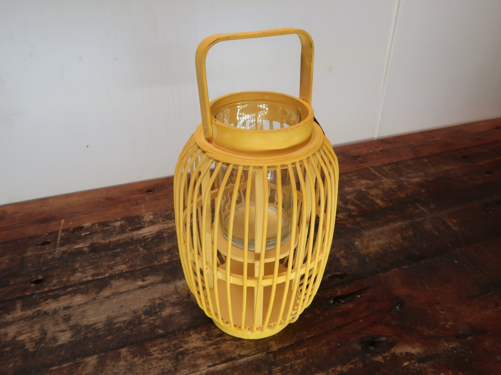 Yellow Bamboo Candle Lantern With Handle 7.5" x 7.5" x H 11.5"