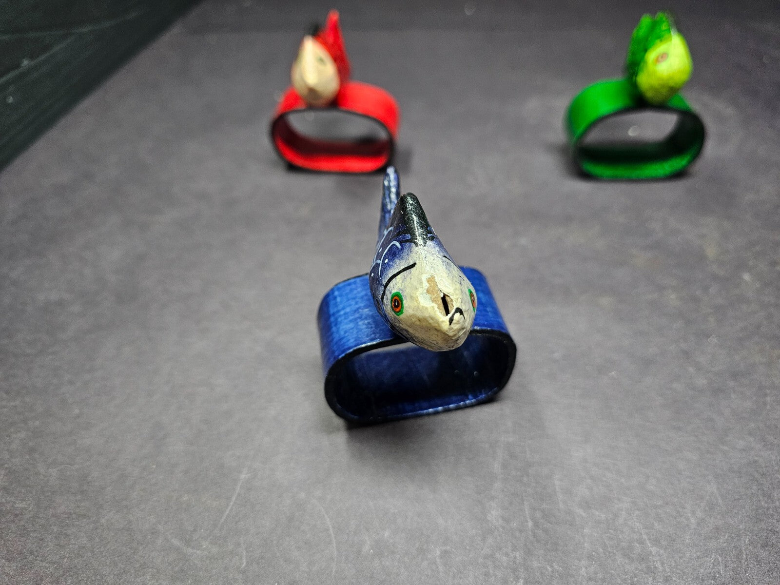 Set of 6 Colorful Hand Painted Teak Wood Fish Napkin Rings