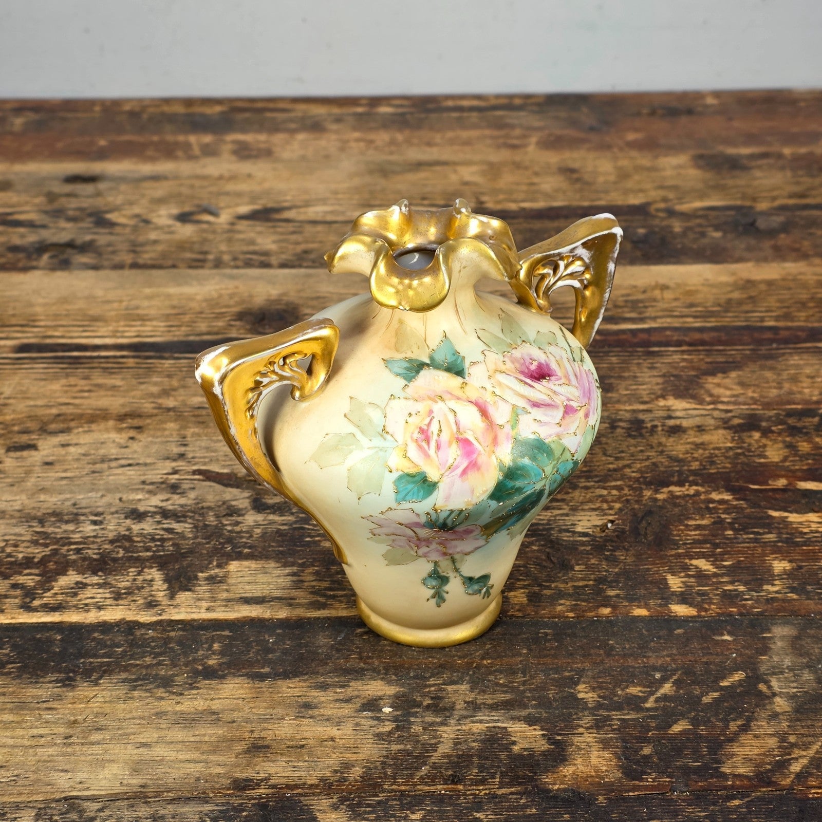 Antique RStK Bohemia Amphora Style Vase Hand Painted Roses Gold Austria c.1900