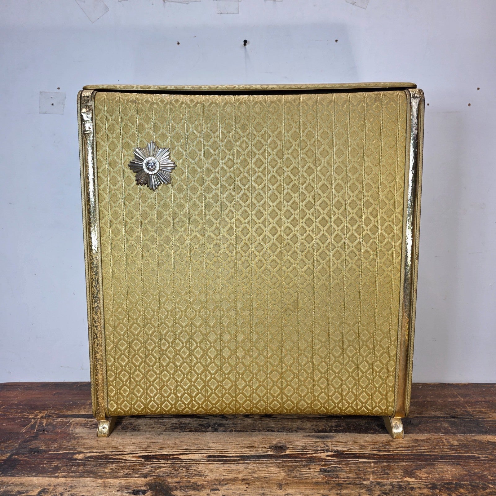 Vintage Pearl-Wick Clothes Hamper Gold Vinyl Woven Pattern 1960s Mid Century