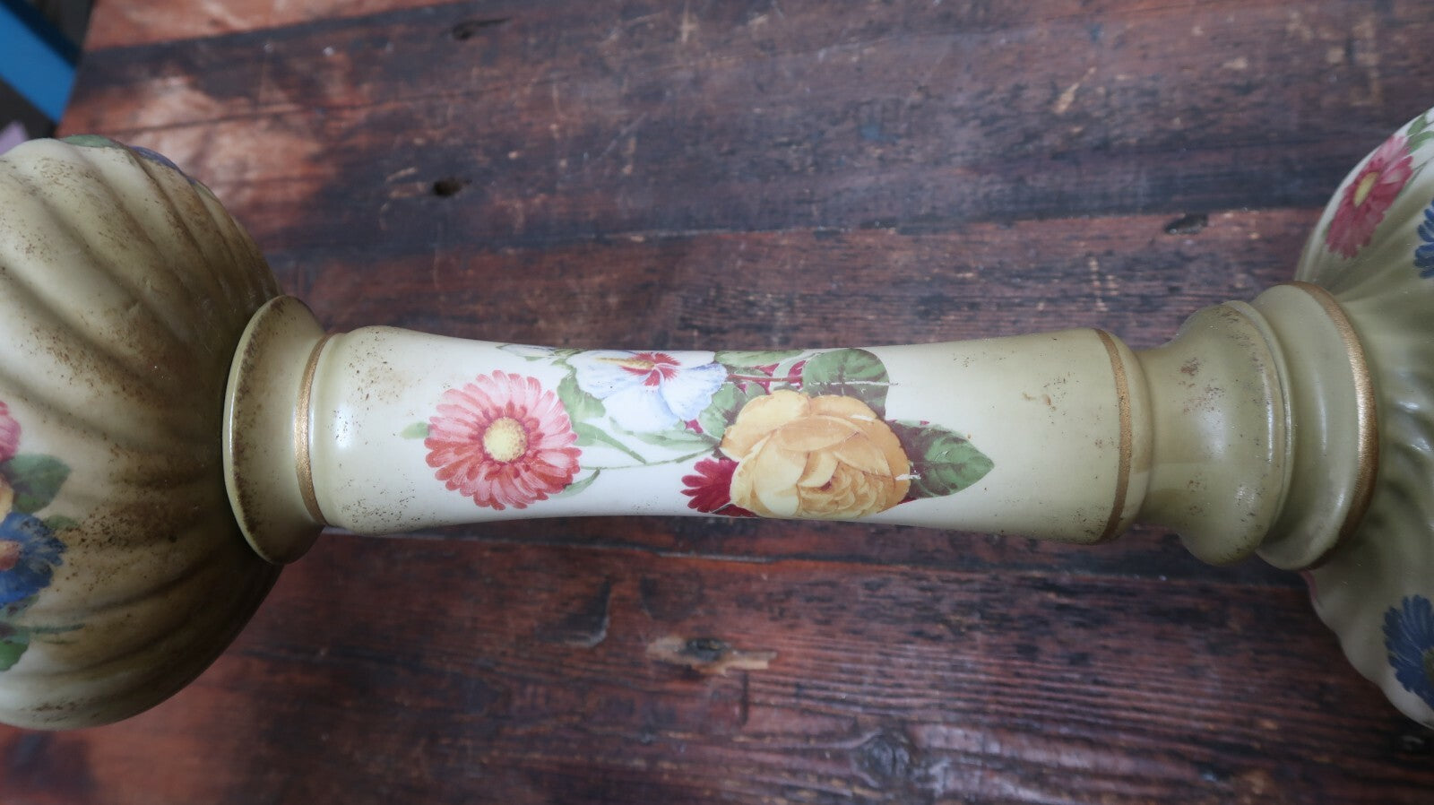 Antique Floral Design Tole and Brass Table Lamp 6.5" x 6.5" x H32.5" (To Harp)