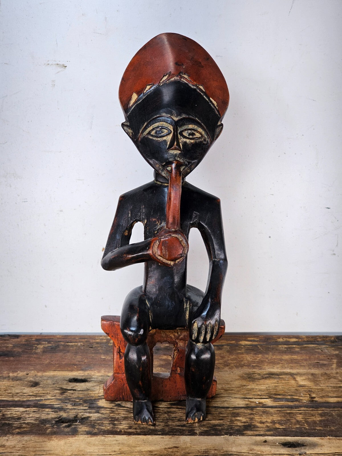 Ghana Ashanti Traditional Wooden Smoking Man Sculpture 13"H x 4.5"W x 3"D