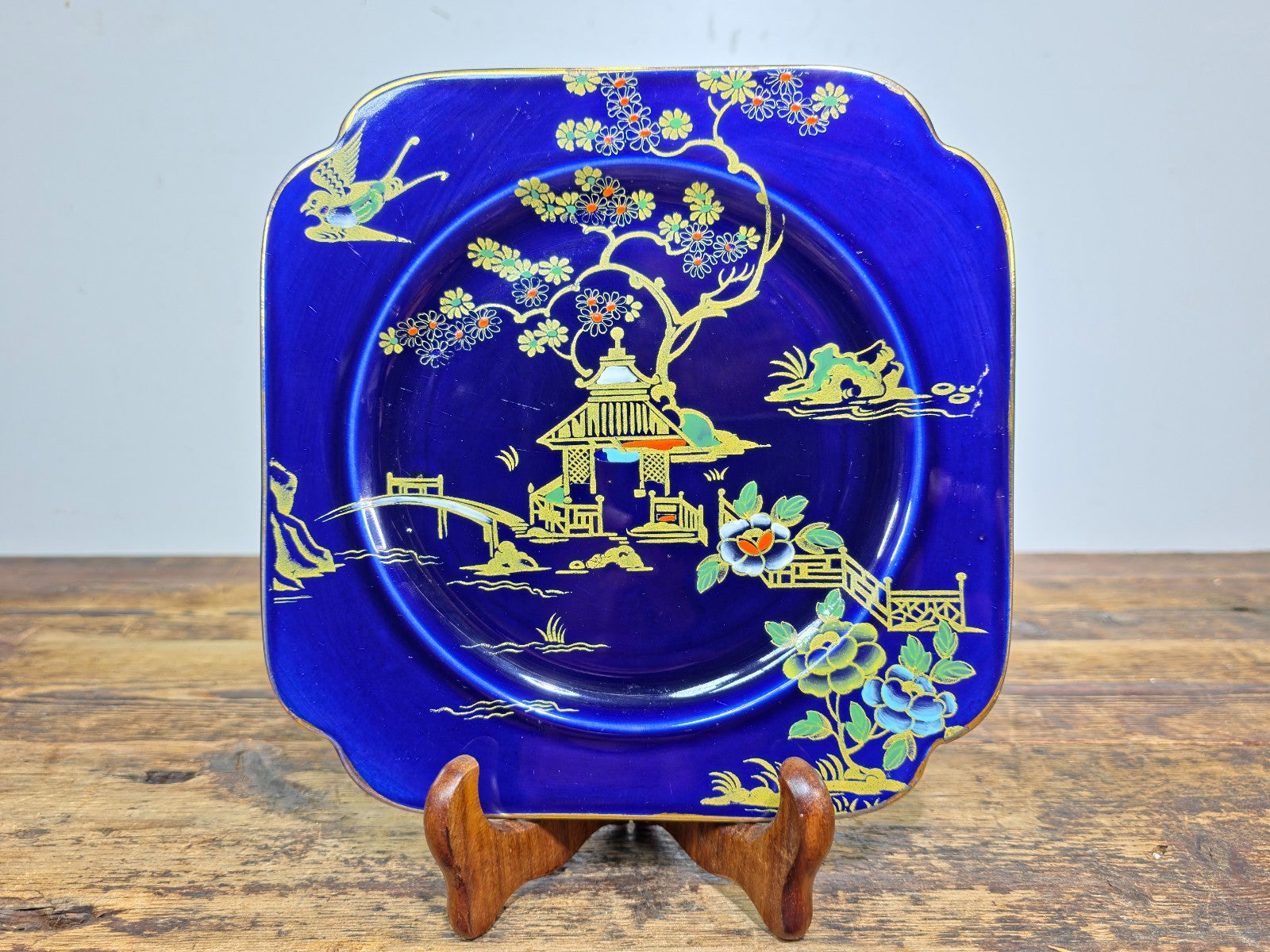 Burleigh Ware Cobalt Blue Gilt Cabinet Plates Set of 3 Crown Pottery England