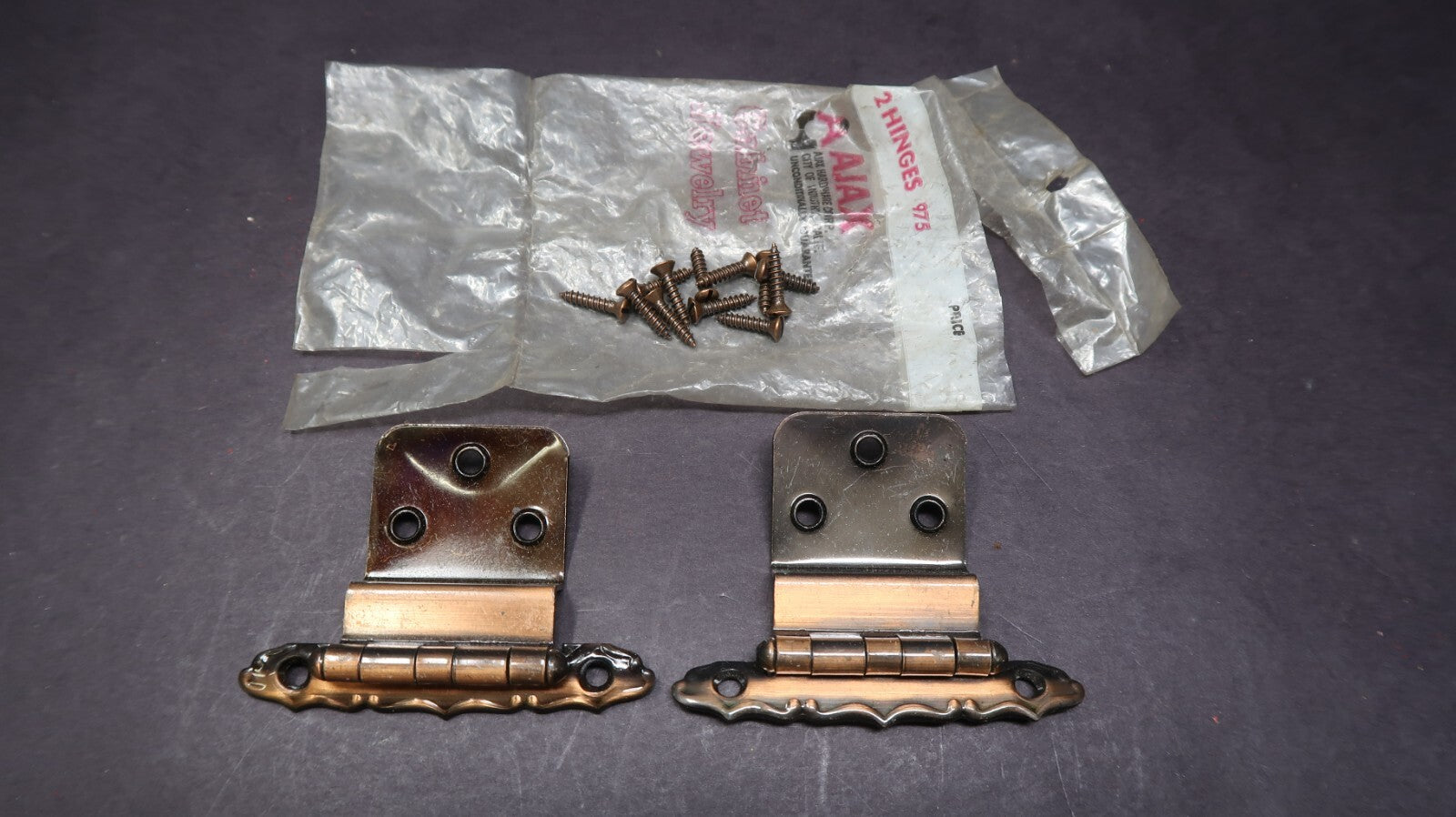 Vintage Ajax Cabinet Door Hinge Pair 975 Copper Plated Steel NOS