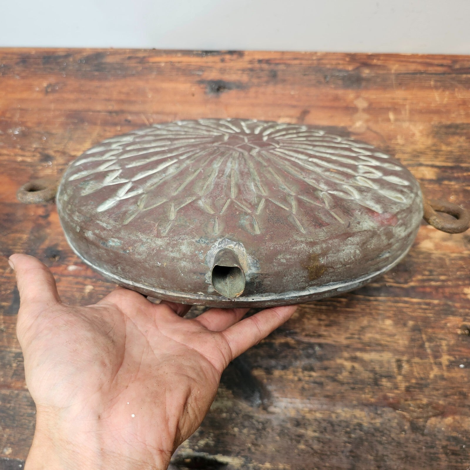 Antique Middle-Eastern Tinned Engraved Copper Canteen Wall Decor