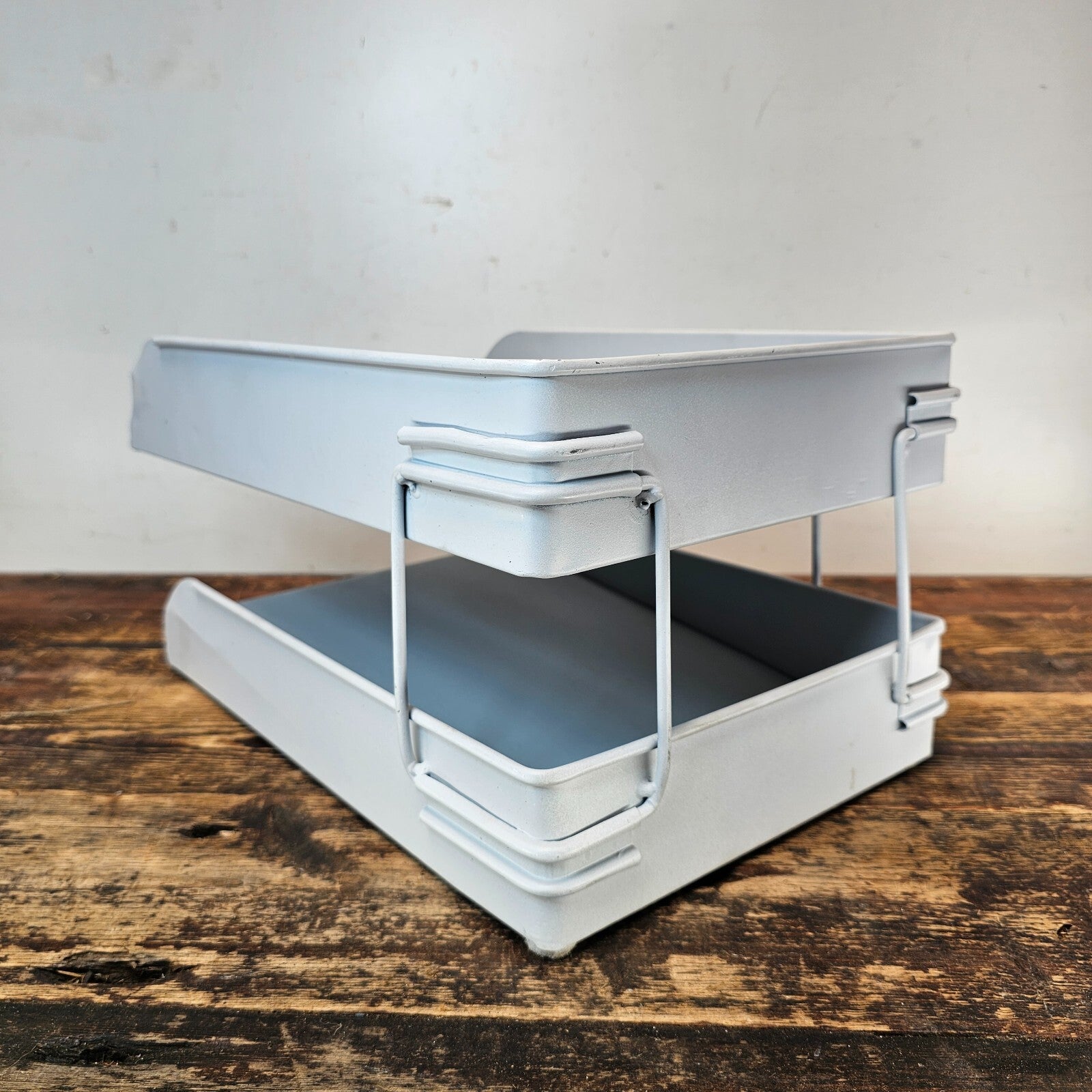 Vintage Pale Blue 2-Tier Industrial Metal Paper Tray / Desk Organizer