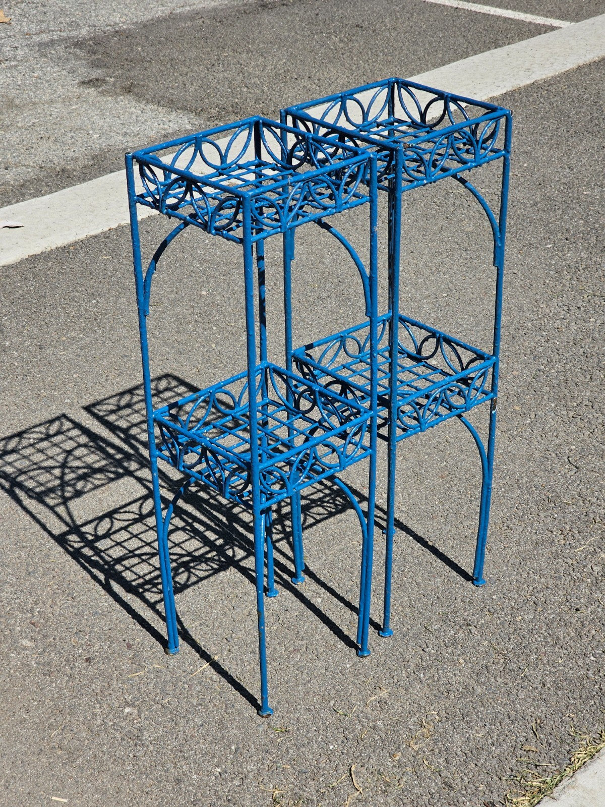Mid-Century Blue Metal 2-Tier Plant Stand 8" x 8" x 28"H