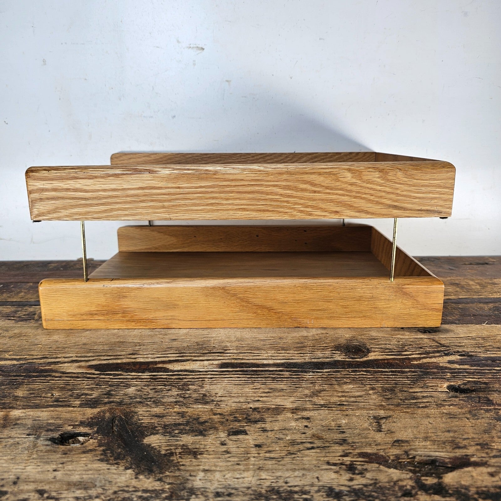 Carver Wood Products Solid Oak 2-Tier Desk Tray Set Mid-Century Modern