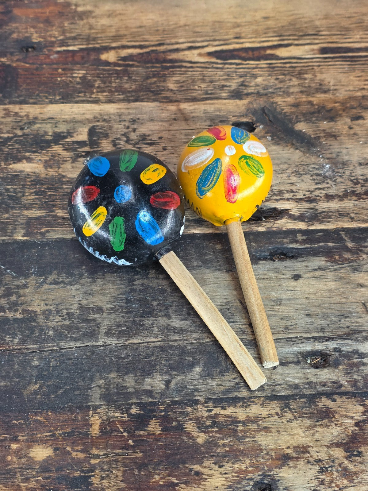 Vintage Mexican Folk Art Set - Pair of Maracas & Serape-Style Woven Placemat