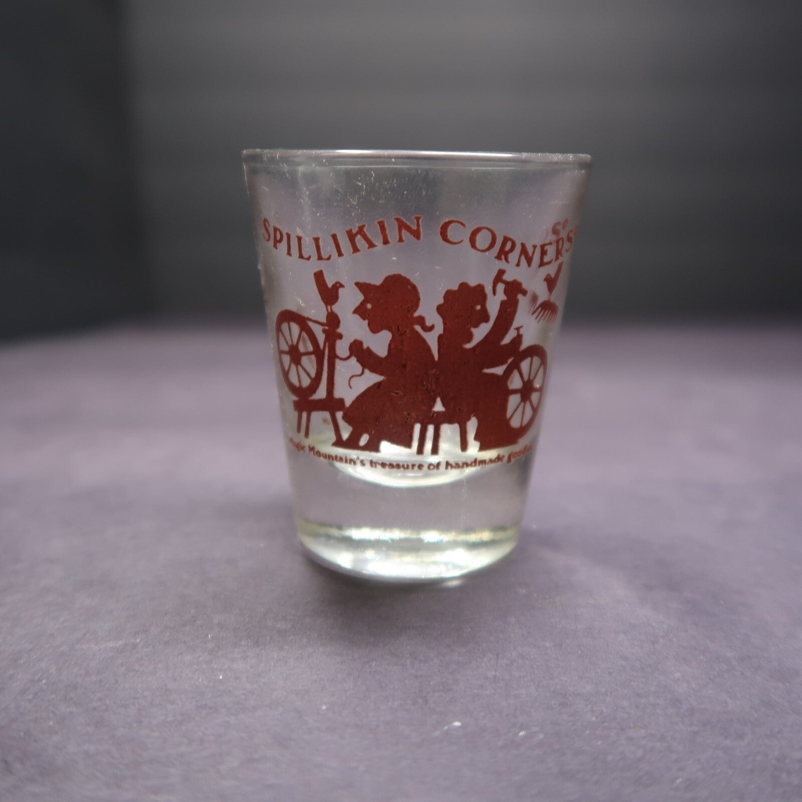 Vintage Spillikin Corners Shot Glass Magic Mountain Train Stop Souvenir H 2.3"