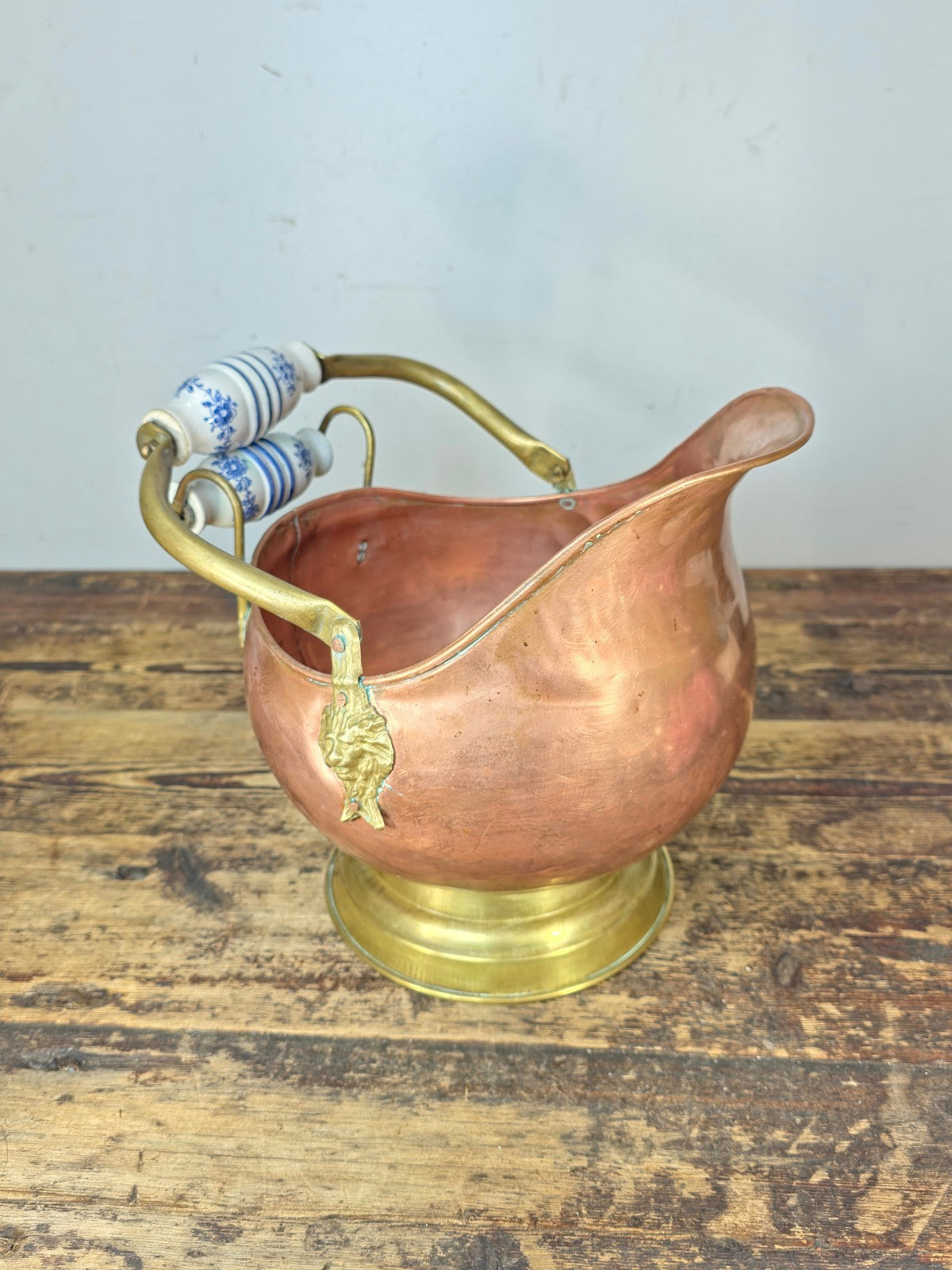 Vintage Copper & Brass Coal Scuttle w/ Delft-Style Ceramic Handles & Lion Heads