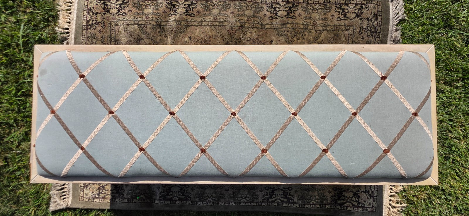 West Elm Crescent Bench Pale Blue Seat Gold Lattice Red Thread Rosette Tufts