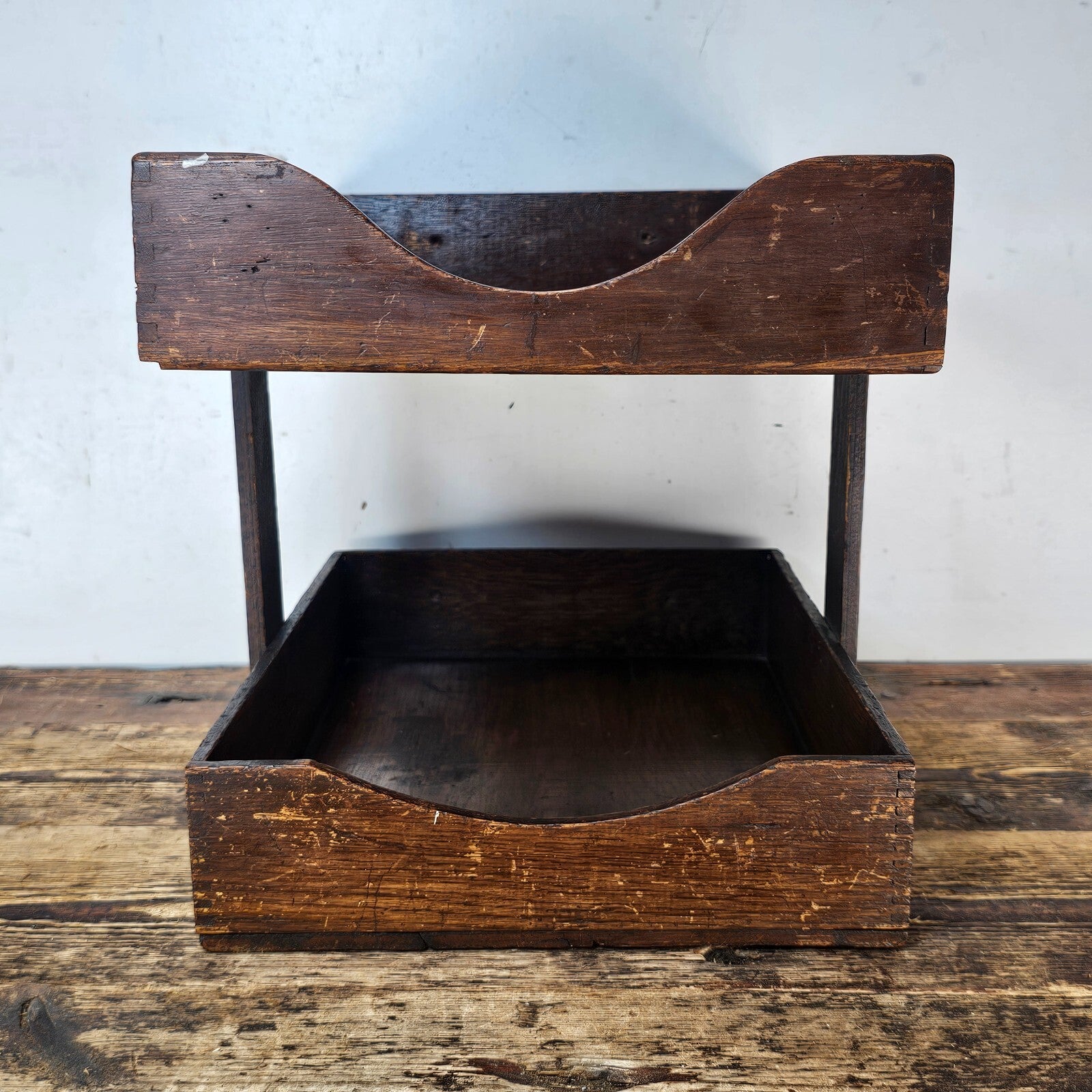 Vintage Handmade Two-Tier Wooden Paper Tray (Damaged / Sold As-Is)