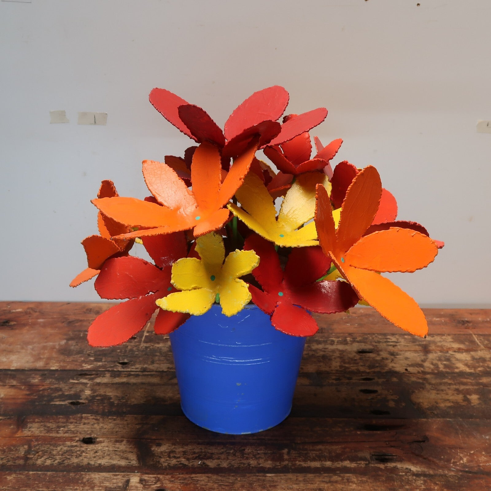 Colorful Iron Flowers In Blue Metal Bucket Garden Yard Sculpture Signed