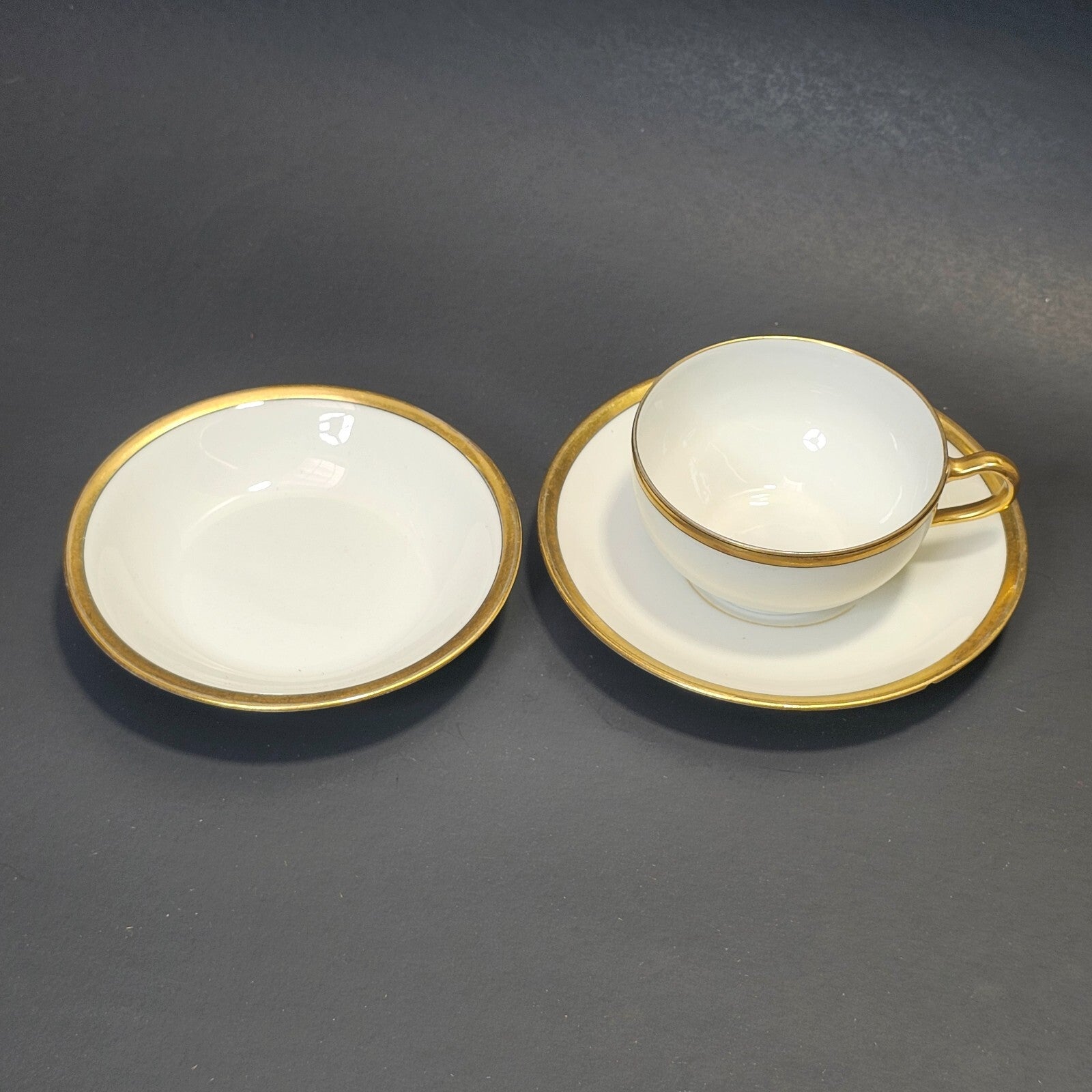 Theodore Haviland Limoges France Teacup Saucer & Fruit Bowl Set White Gold Trim
