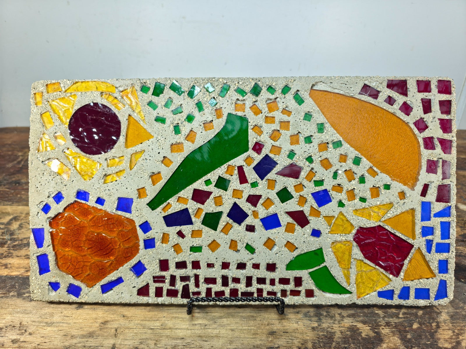 Glass Mosaic Art Tile Mid Century Style Abstract Colorful Wall Plaque 7.2lb.