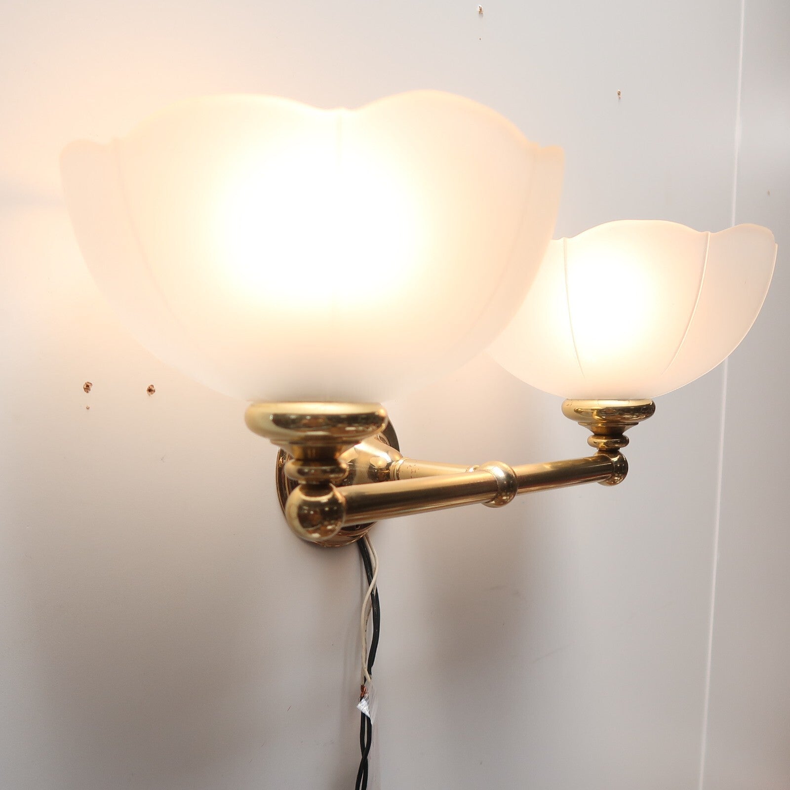 2 Light Brass Light Fixture With Frosted White Glass Lamp Shades Made In Spain