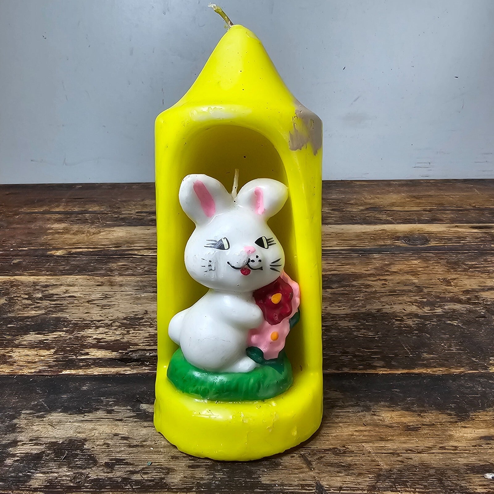 Vintage Bunny Rabbit Holding Flowers Candle Colorful Easter 7"H