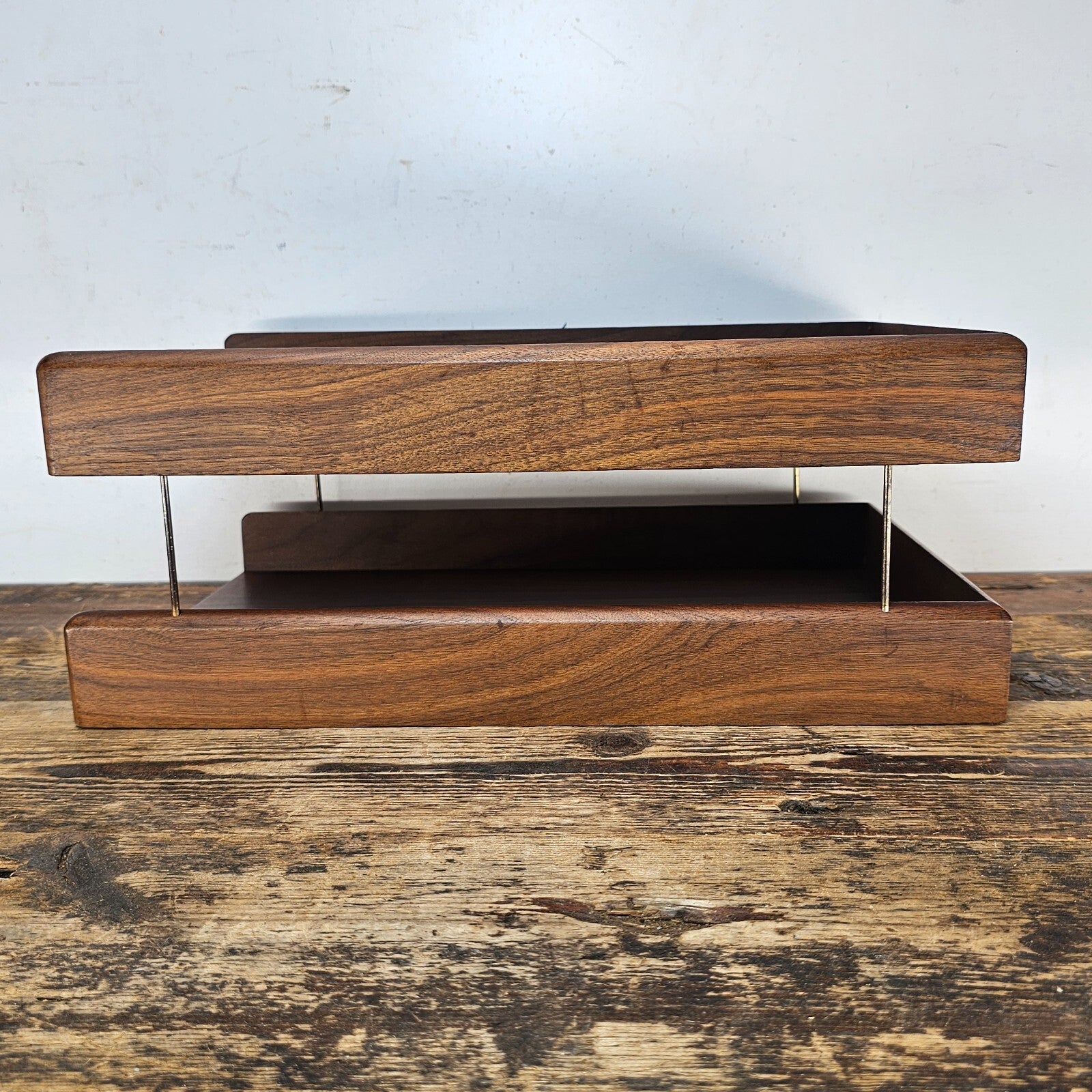 Carver Wood Products Walnut 2-Tier Desk Tray Set Mid-Century Modern