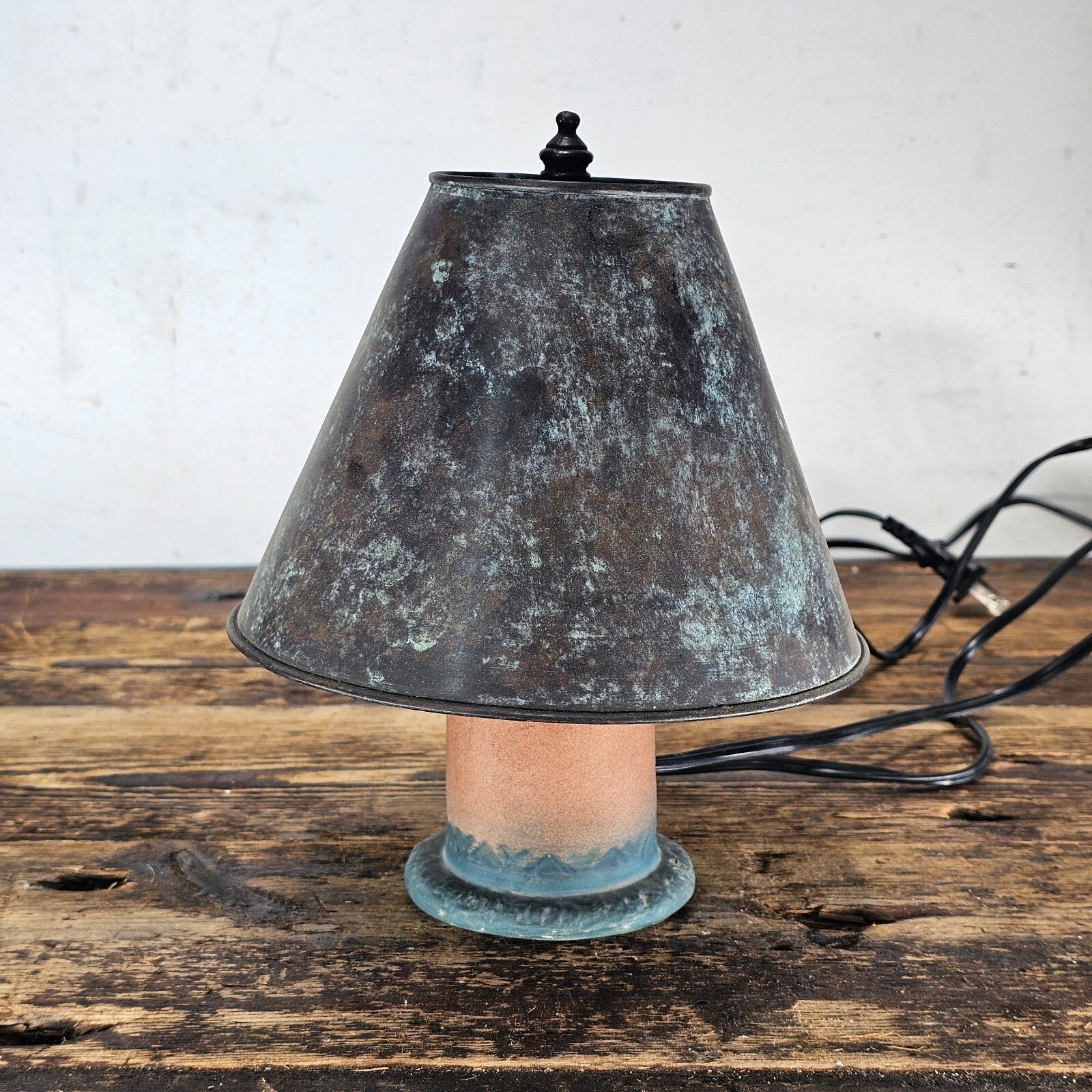 Small Pottery Table Lamp With Metal Shade 8.5"H (Has Damage)