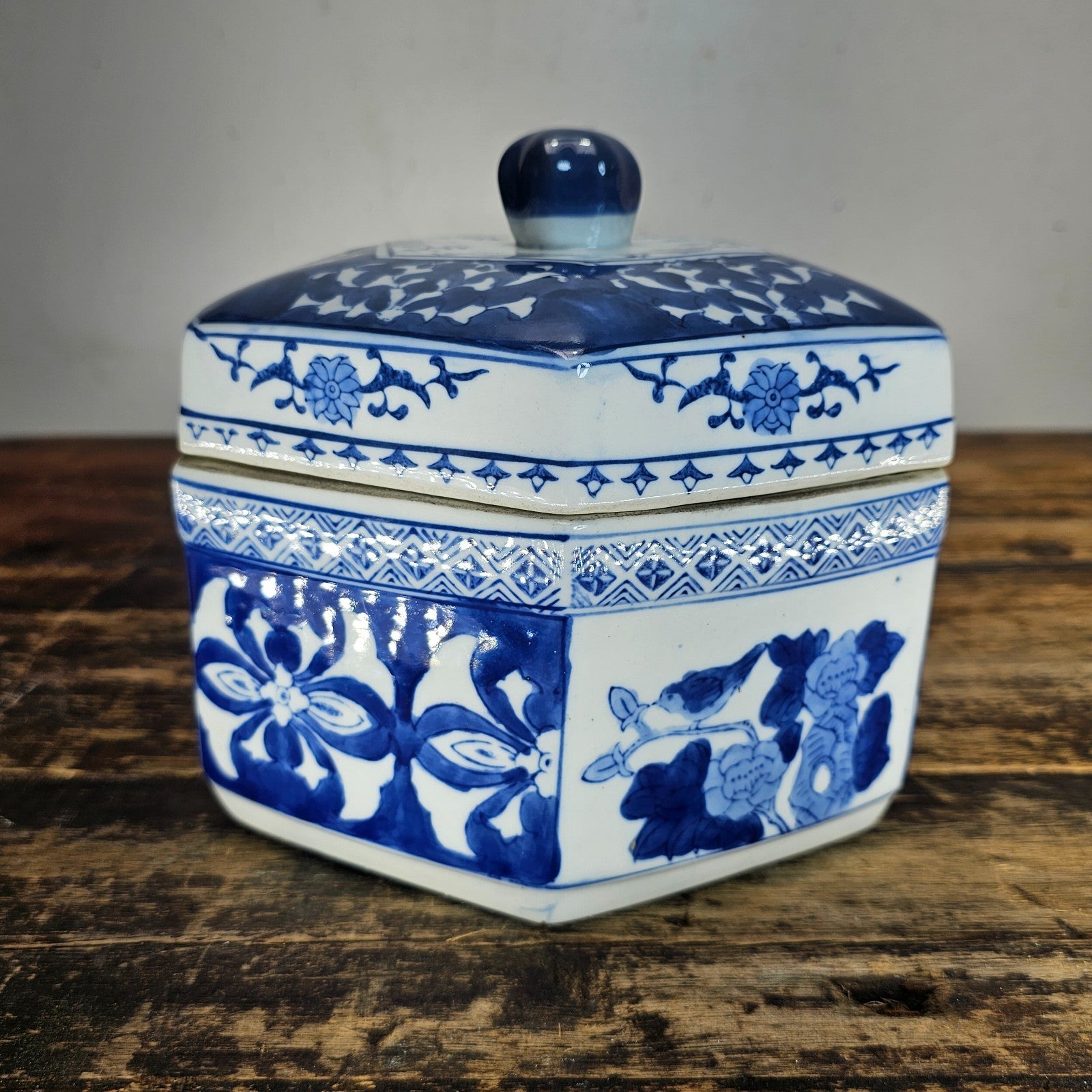 Vintage Blue & White Porcelain Chinoiserie Hexagonal Lidded Jar