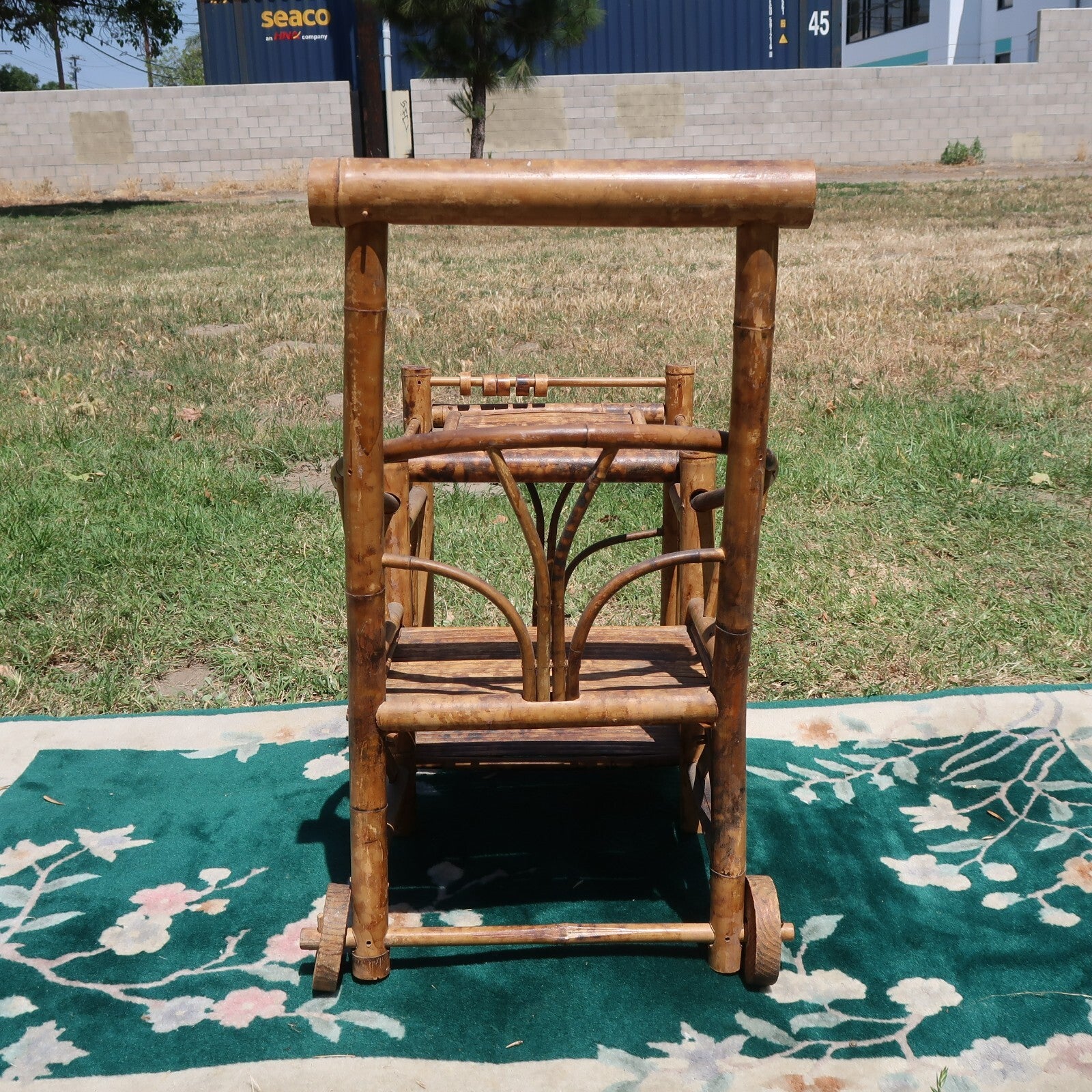 1970s Spanish Bamboo Wheeled Children's Trolley / Garden Plant Stand Holder