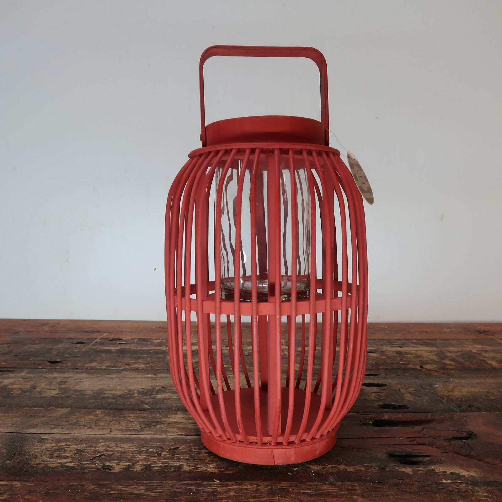 Red Bamboo Candle Lantern With Handle 7.5" x 7.5" x H 11.5"