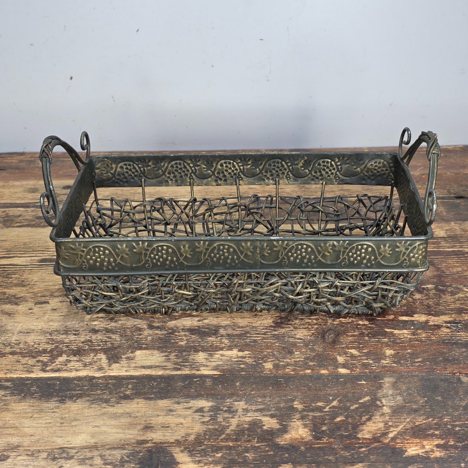 Vintage Bronze Tone Metal & Wicker Rectangular Basket with Handles