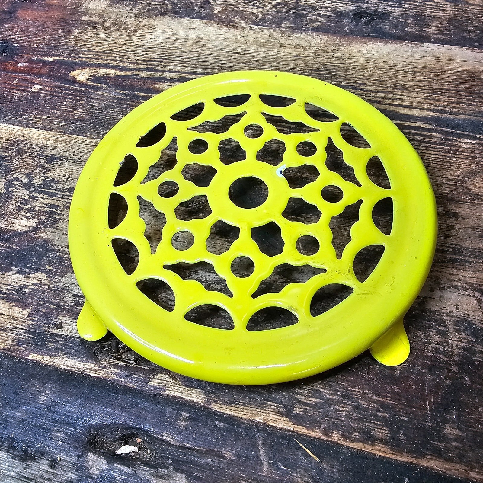Vintage Fritz and Floyd Enameled Yellow Reticulated Trivet