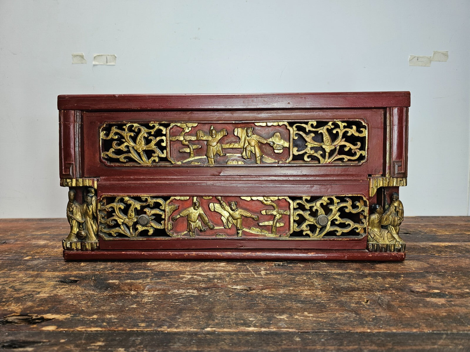 Antique Chinese Red & Gilt Carved Wood Chest Box