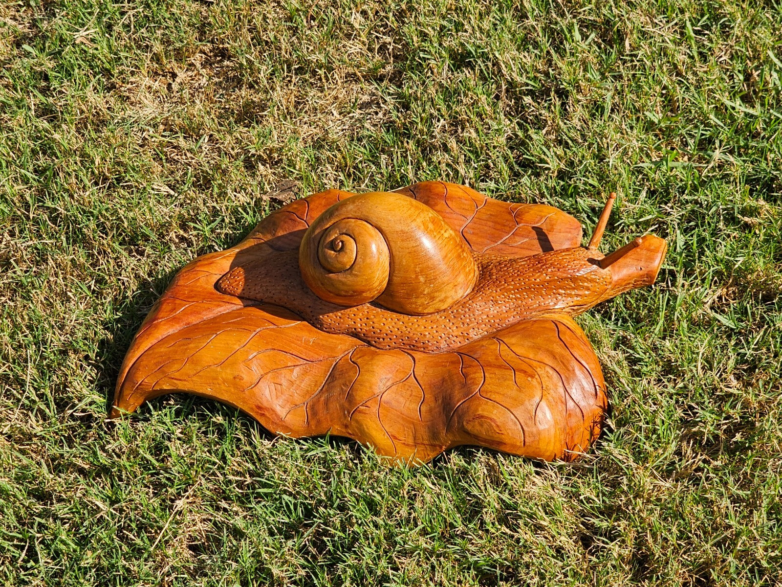 Handcrafted Wooden Snail on Leaf Sculpture Signed 19"L x 11"W x 5.5"H