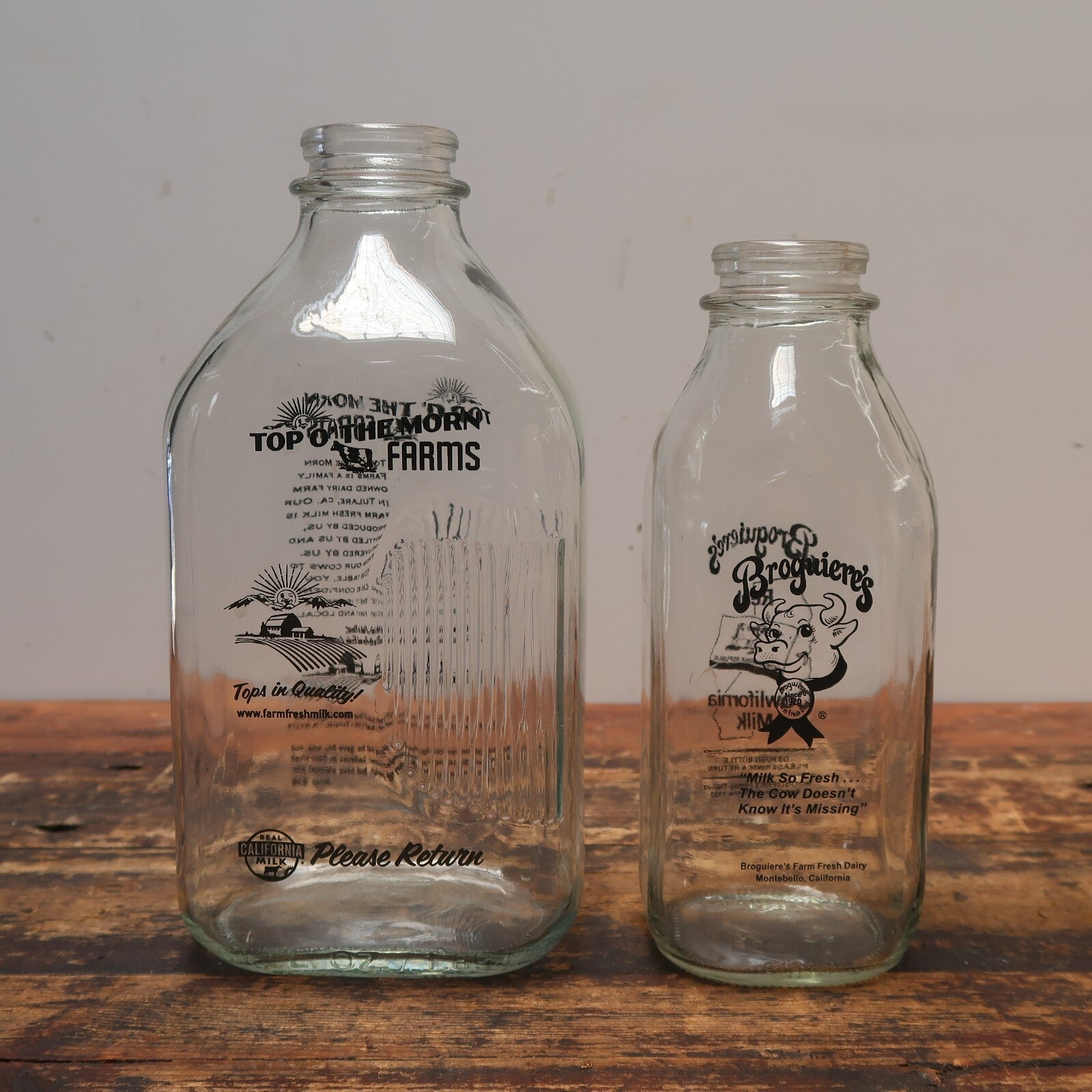 Broguiere's Dairy "Real California Milk" & Top O’ The Morn Farms Glass Bottles