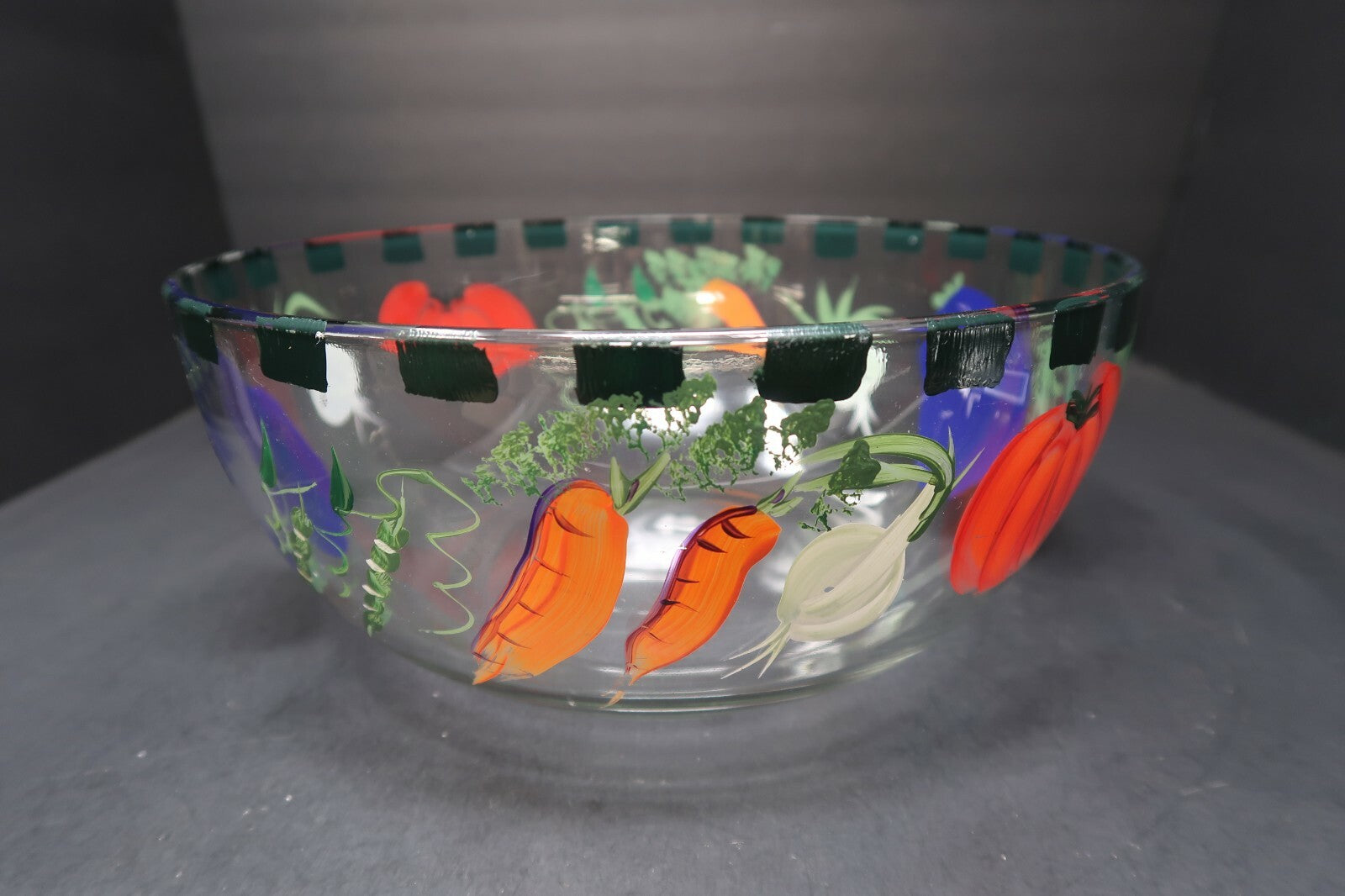 Clear Glass Salad Bowl With Hand Painted Vegetables 11" x 11" x 5"