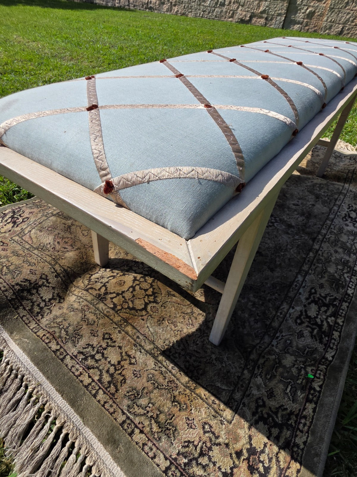 West Elm Crescent Bench Pale Blue Seat Gold Lattice Red Thread Rosette Tufts