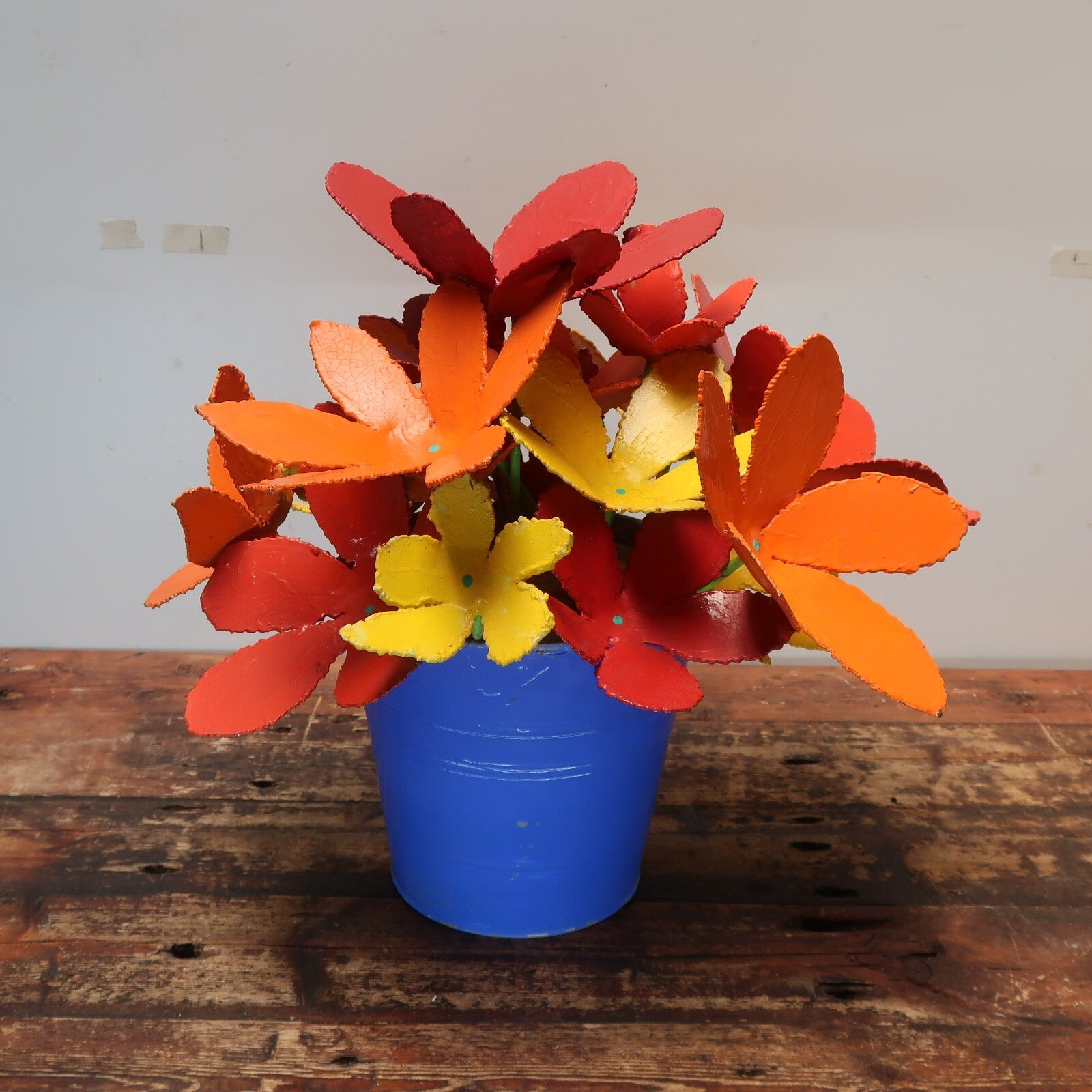 Colorful Iron Flowers In Blue Metal Bucket Garden Yard Sculpture Signed