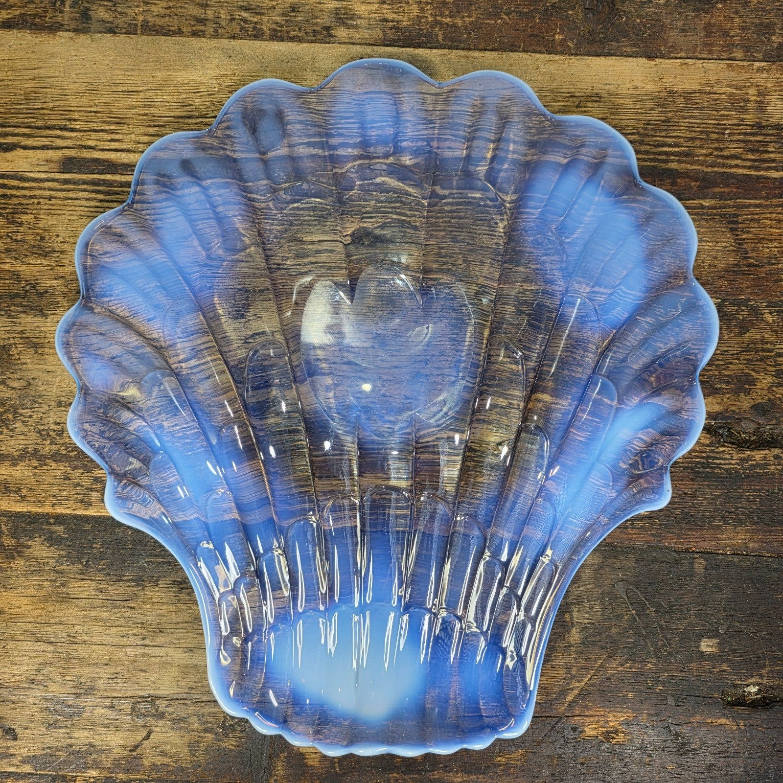 Large Opalescent Blue Glass Shell Platter, Attributed to Duncan & Miller 15"L