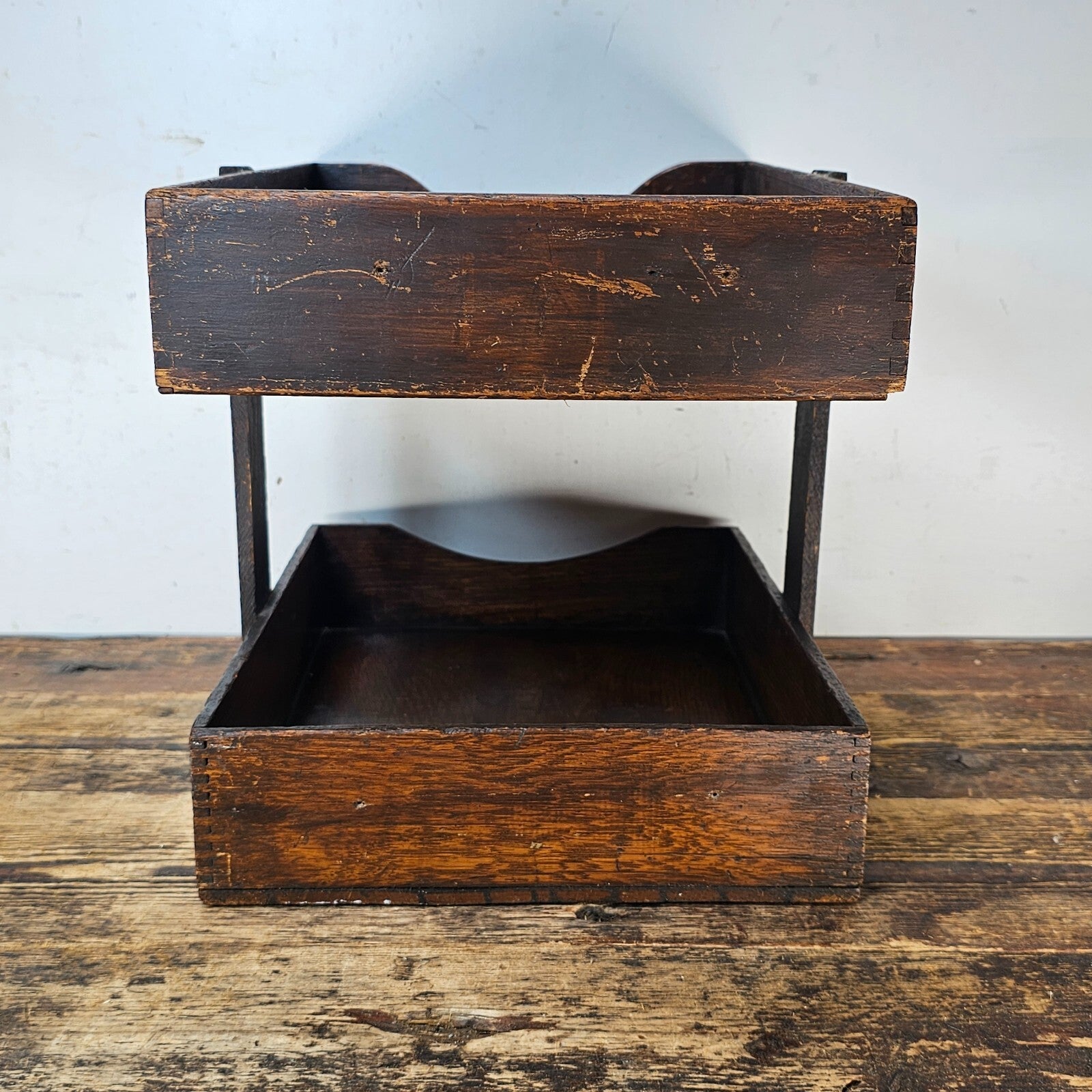 Vintage Handmade Two-Tier Wooden Paper Tray (Damaged / Sold As-Is)