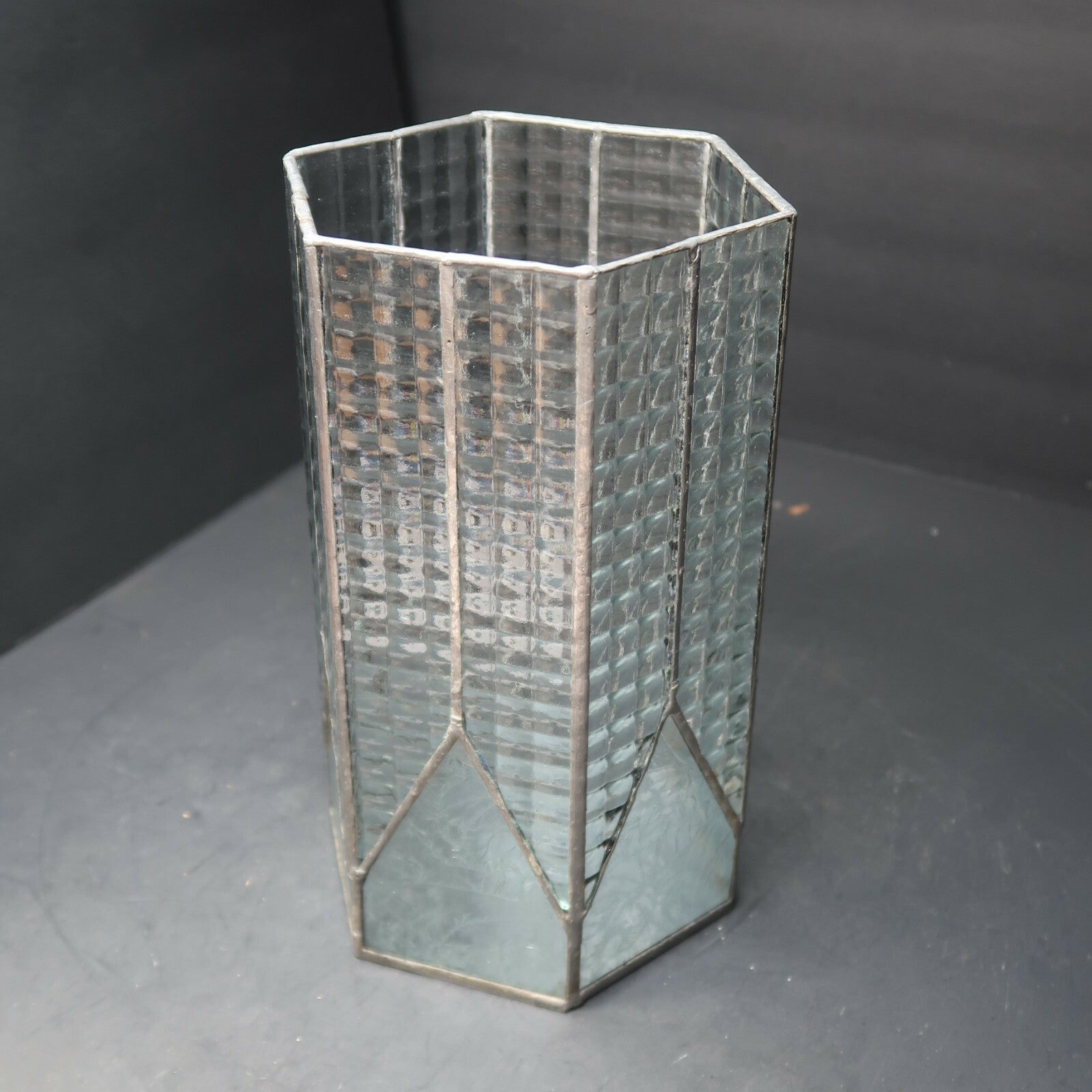Vintage Leaded Glass Hexagonal Pillar Candle Hurricane Lamp H 10"