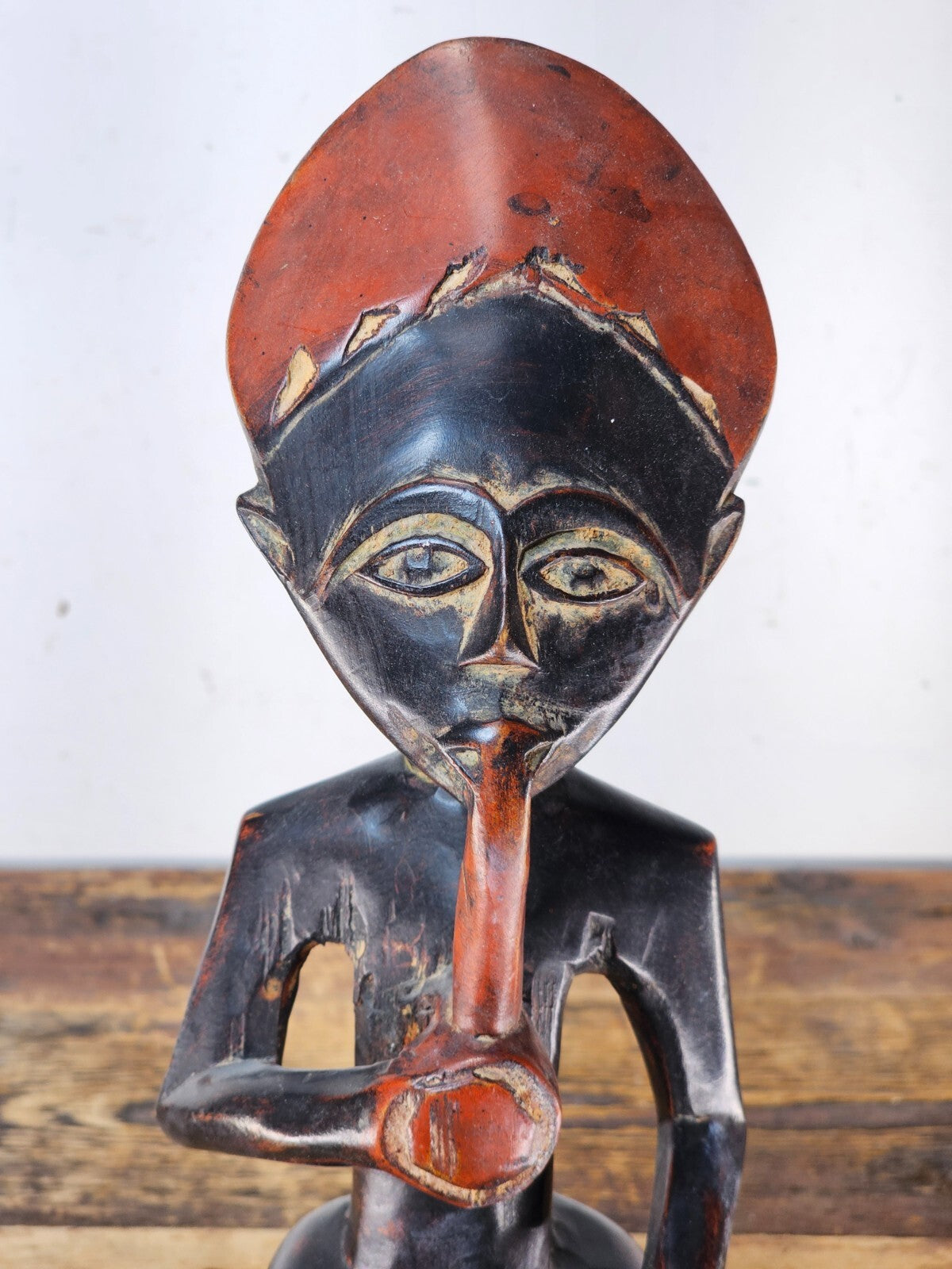 Ghana Ashanti Traditional Wooden Smoking Man Sculpture 13"H x 4.5"W x 3"D
