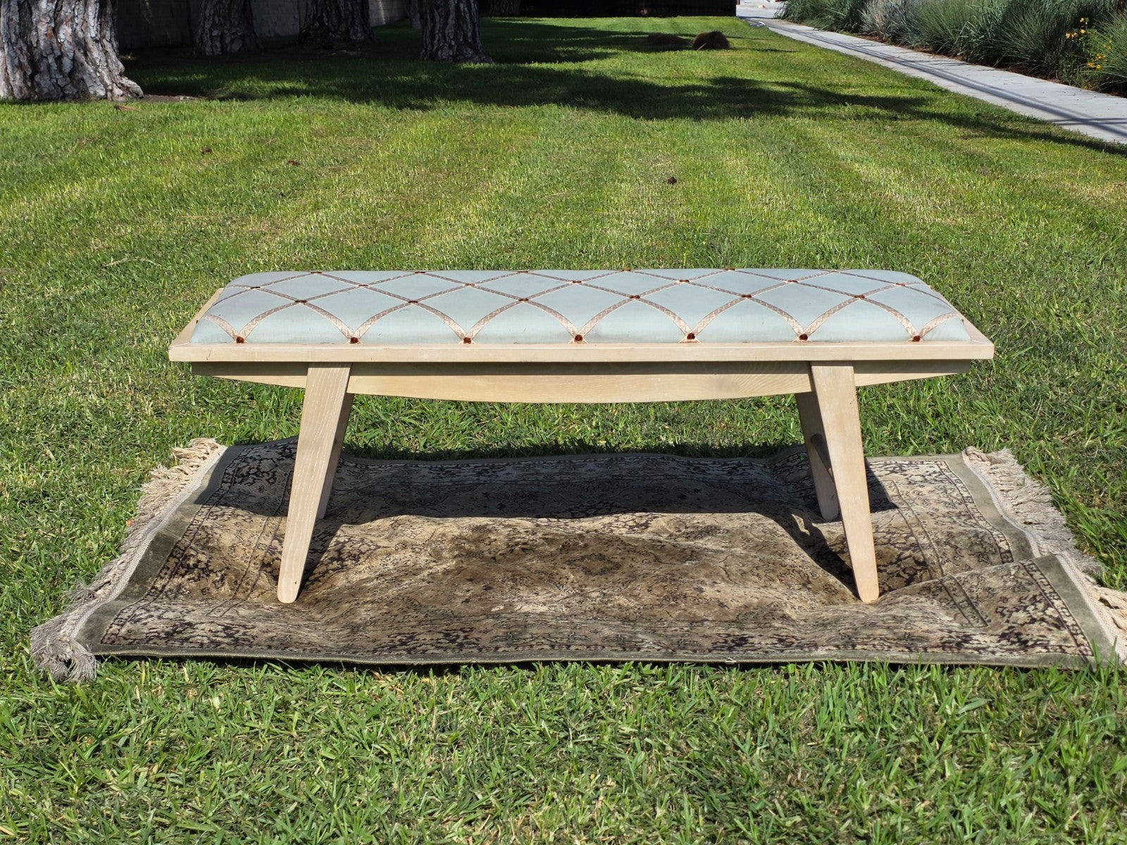West Elm Crescent Bench Pale Blue Seat Gold Lattice Red Thread Rosette Tufts