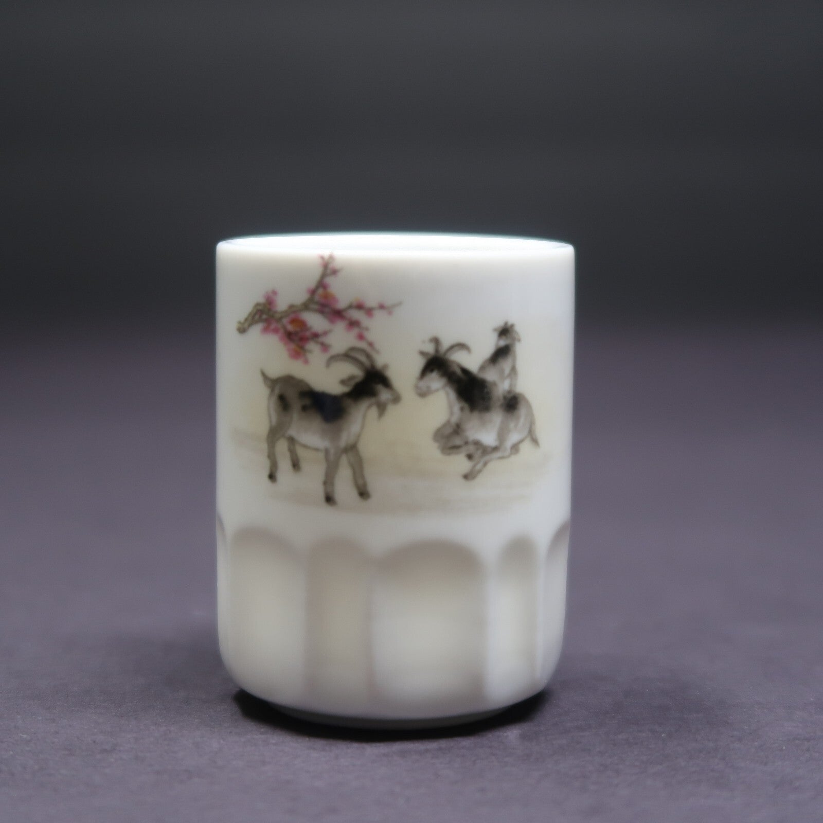 White Ceramic Shot Glass Goats & Chinese Proverbs H 2"