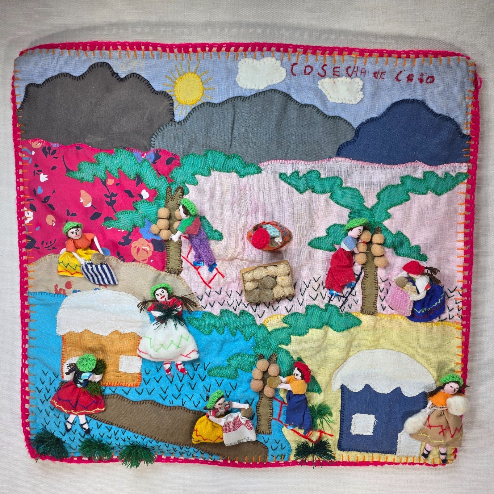 Vintage Peruvian Arpillera Wall Embroidery Textile Art “Cosecha de …” 19"x17"