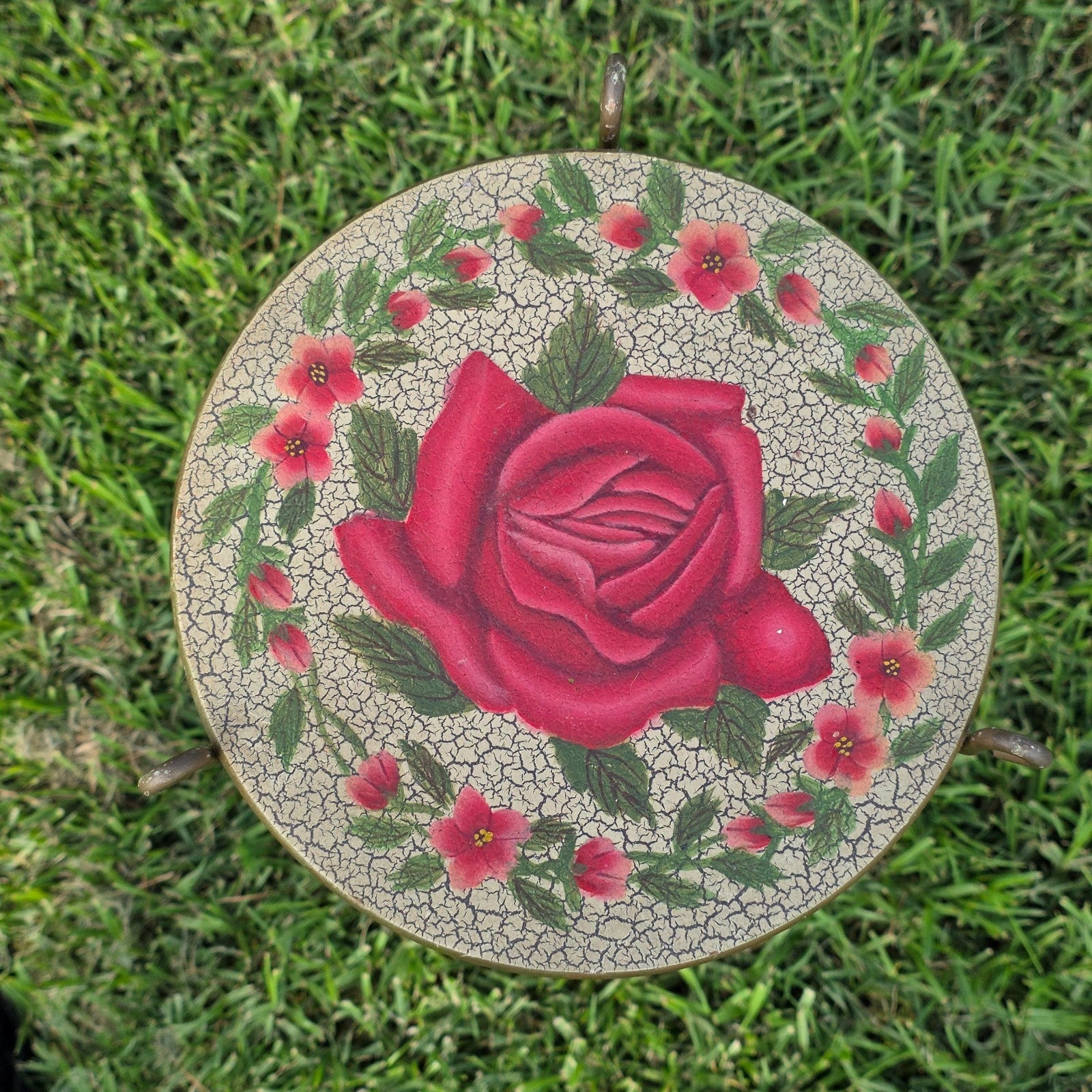 Vintage Rose Motif Accent Table – Wooden Top × Gilded Metal Base