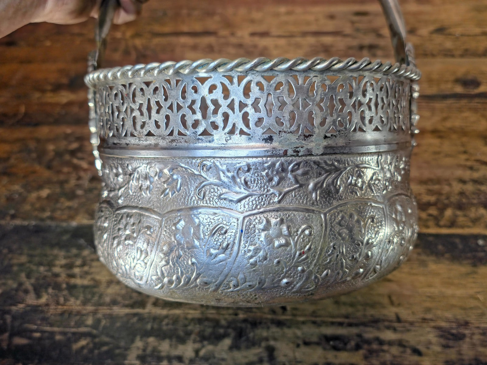 Vintage Silverplated Repoussé Basket with Handle Handmade India 10.25"L x 8.75"W