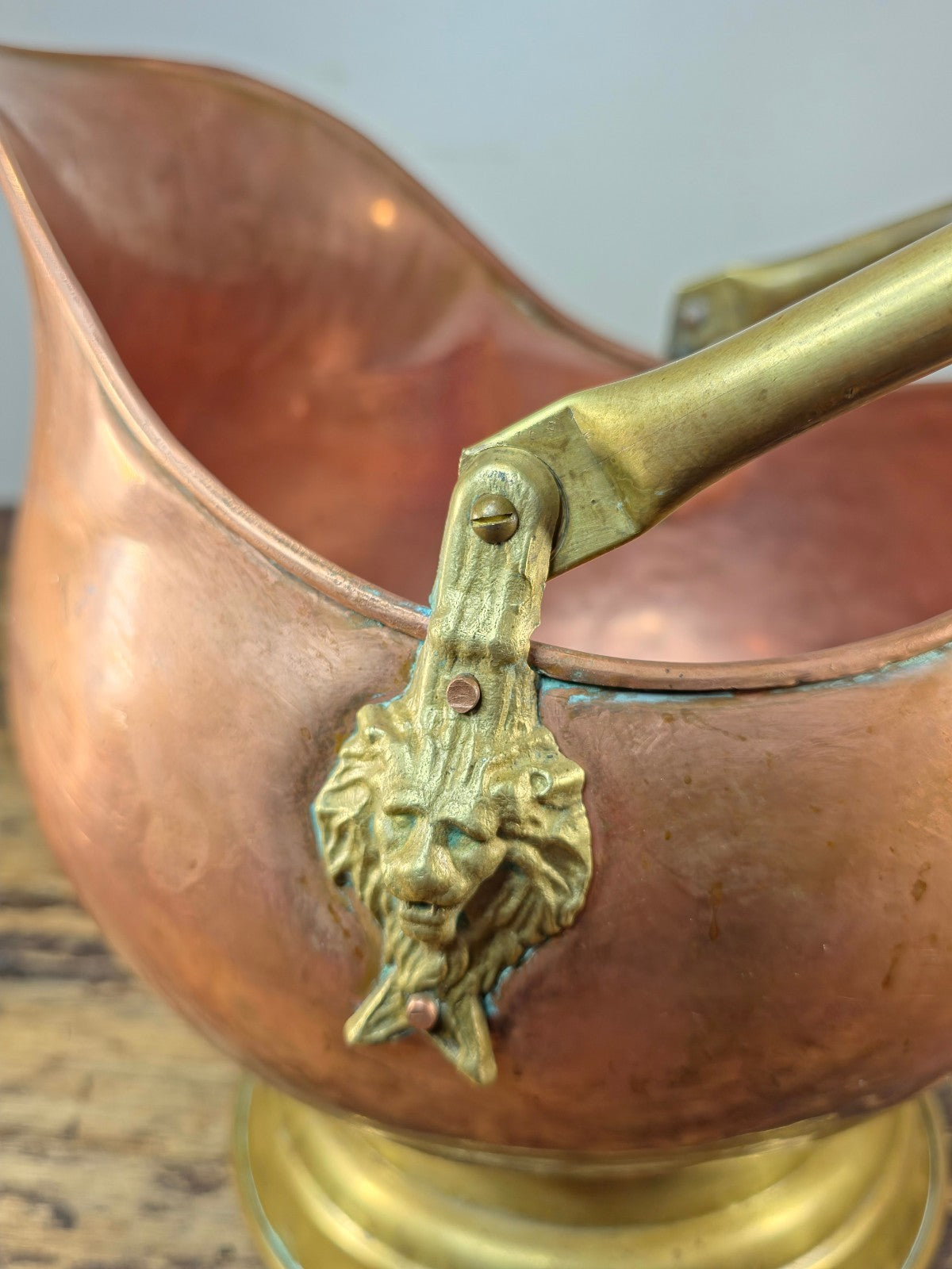 Vintage Copper & Brass Coal Scuttle w/ Delft-Style Ceramic Handles & Lion Heads