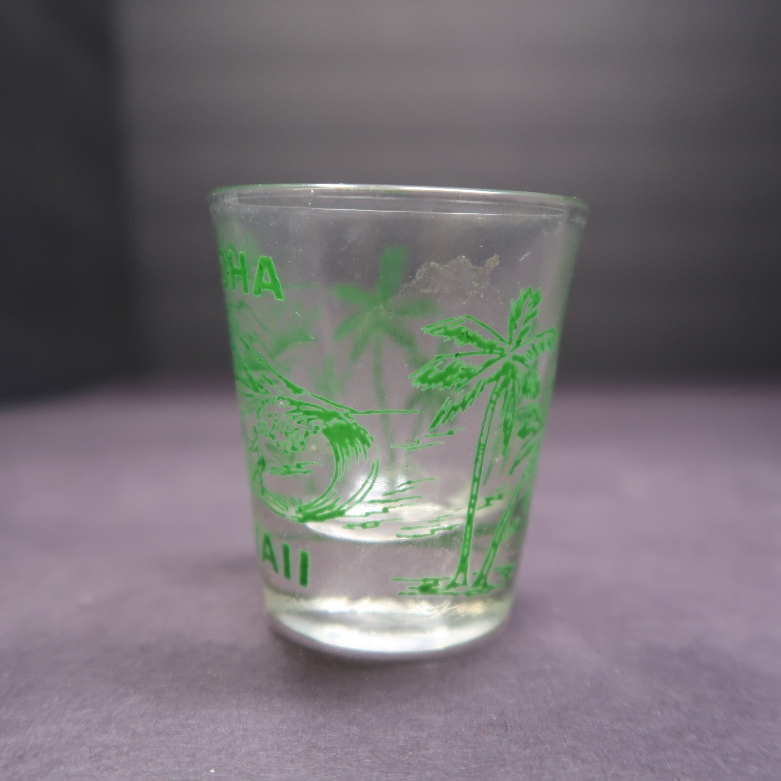 Aloha Hawaii Shot Glass Surfer Hula Girl Palm Trees Green H 2.29"