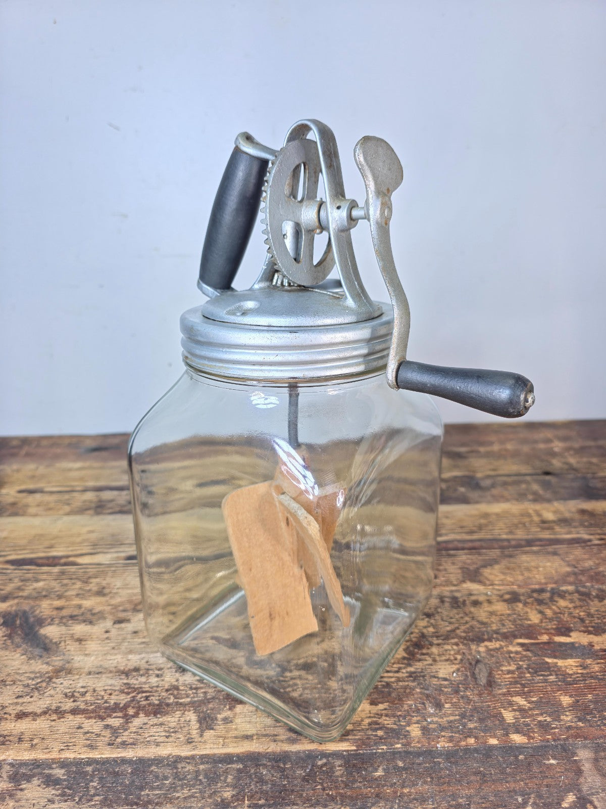 Vintage 4-Quart Glass Butter Churn with Hand-Crank Gear — FC Marked