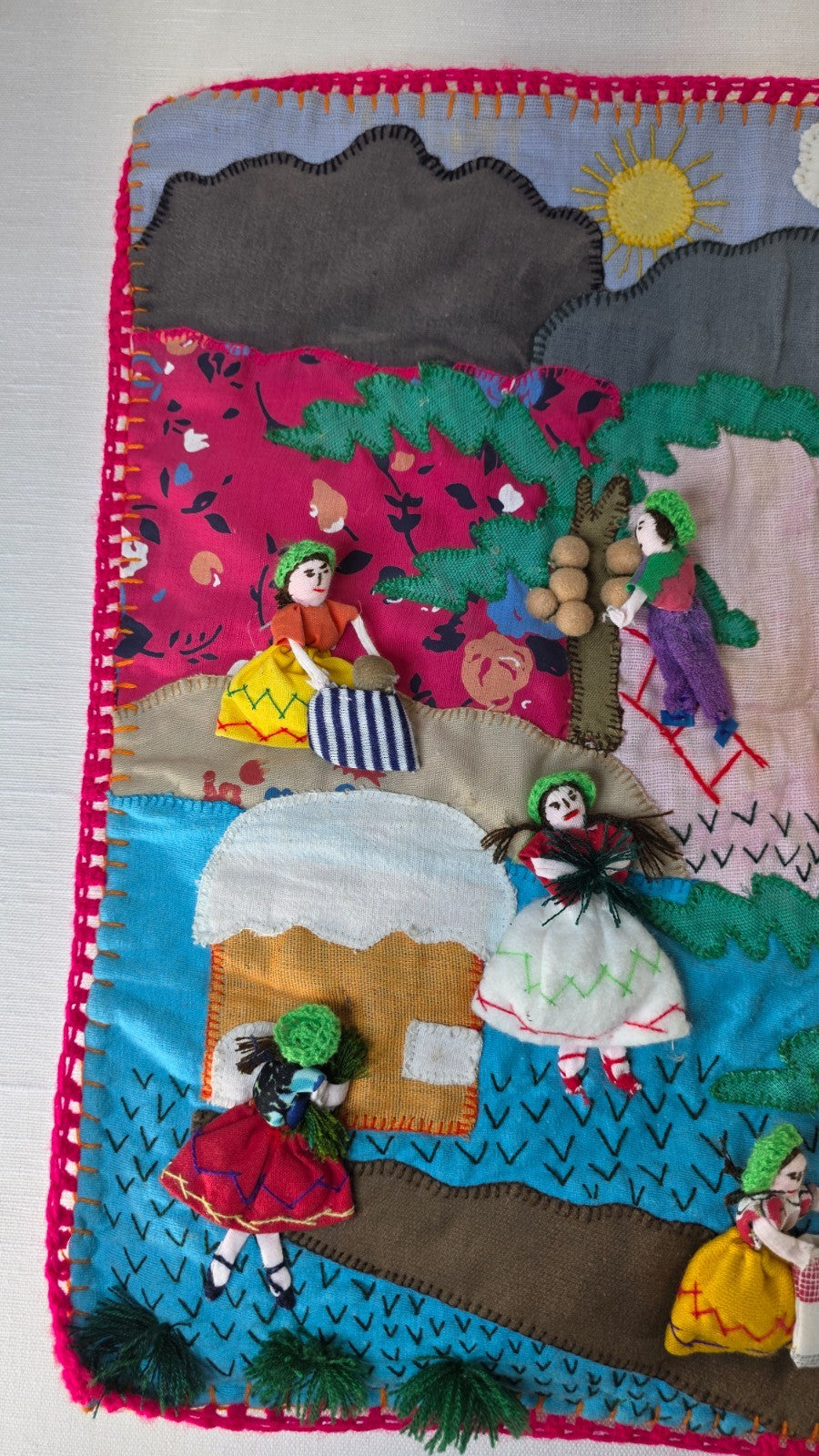 Vintage Peruvian Arpillera Wall Embroidery Textile Art “Cosecha de …” 19"x17"