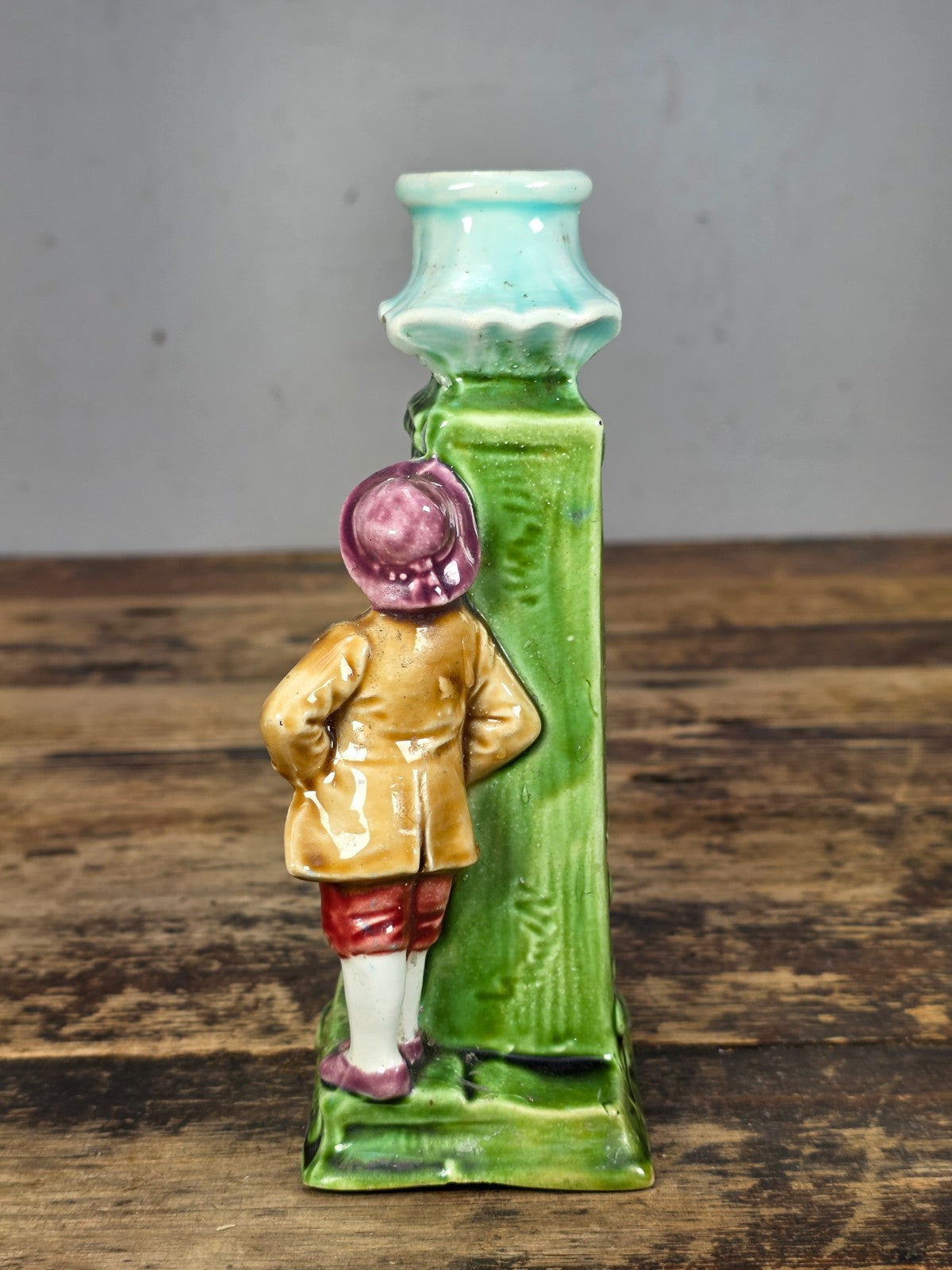 Antique German Majolica Figural Candle Holder Lovers Smoking Scene c.1900s