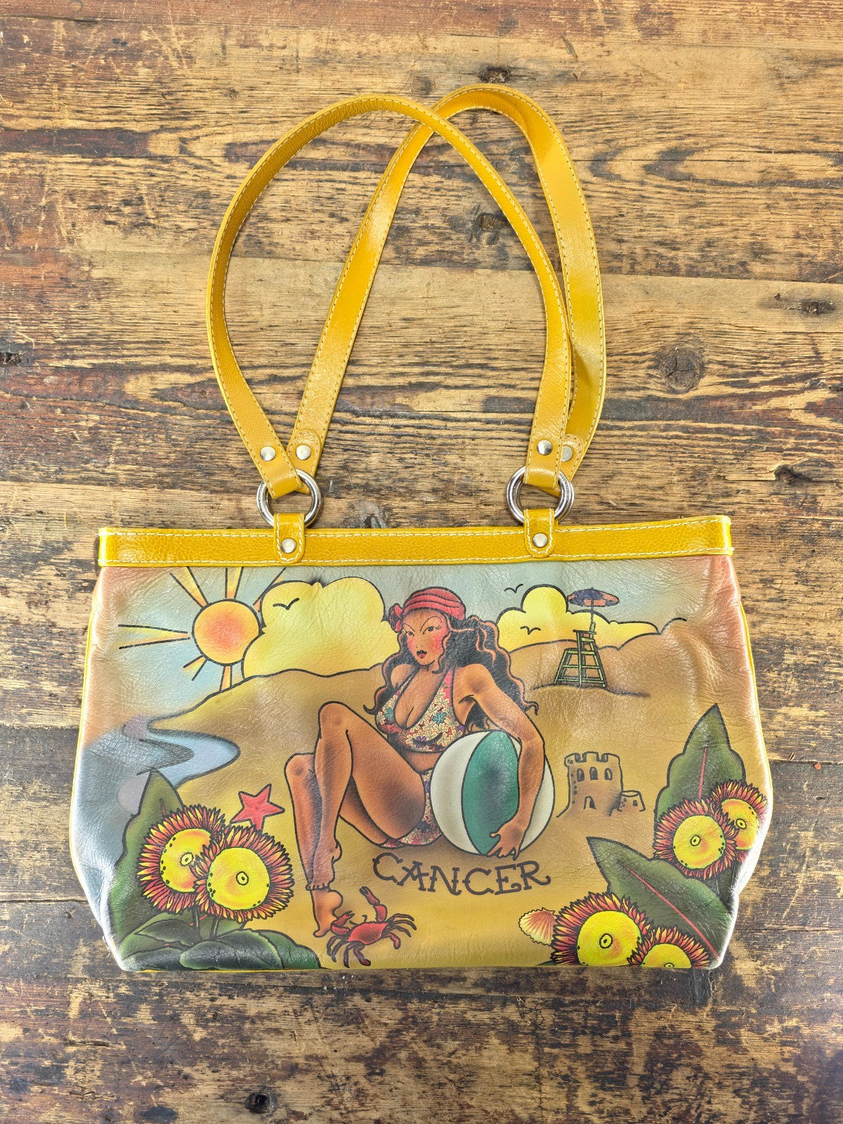 Isabella Fiore Cancer Zodiac Leather Tote Bag Hand Painted Pinup Girl